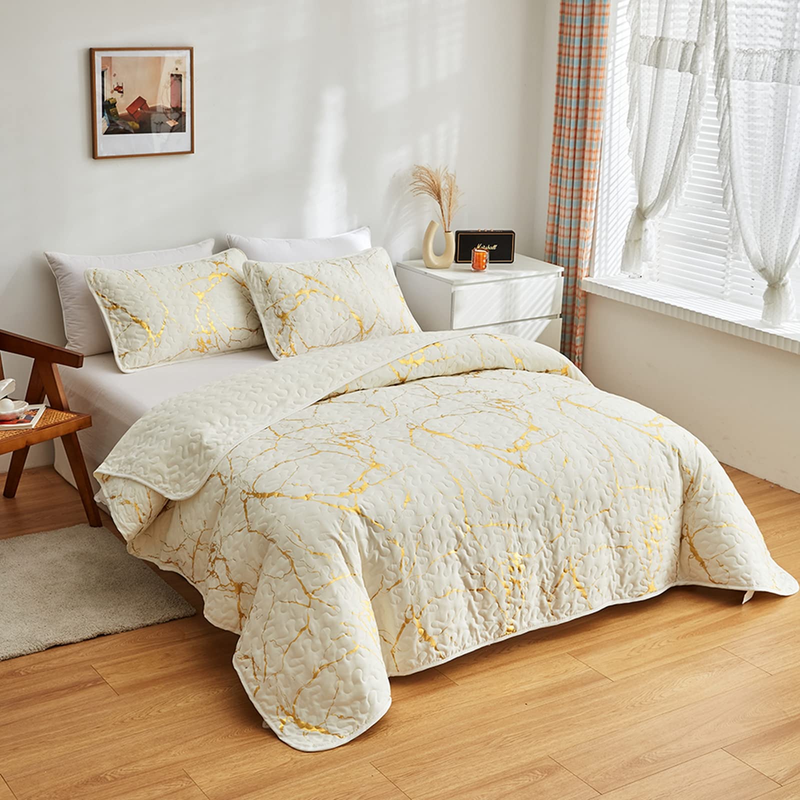 HAVOP King Size Bedspread Set | Gold Marble Printed Beige Microfiber Quilt