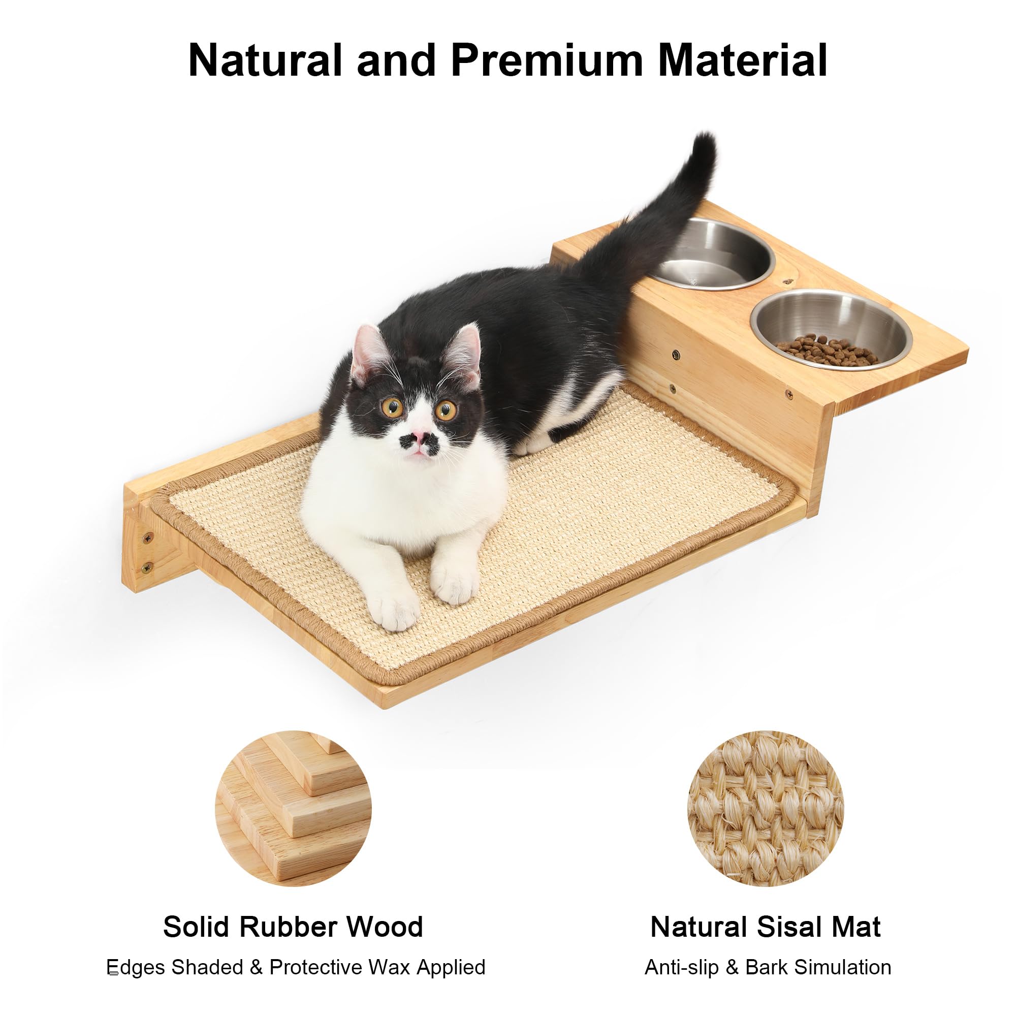 FUKUMARU 3-in-1 Cat Wall Shelves | Solid Wood Perch & Food Station Set