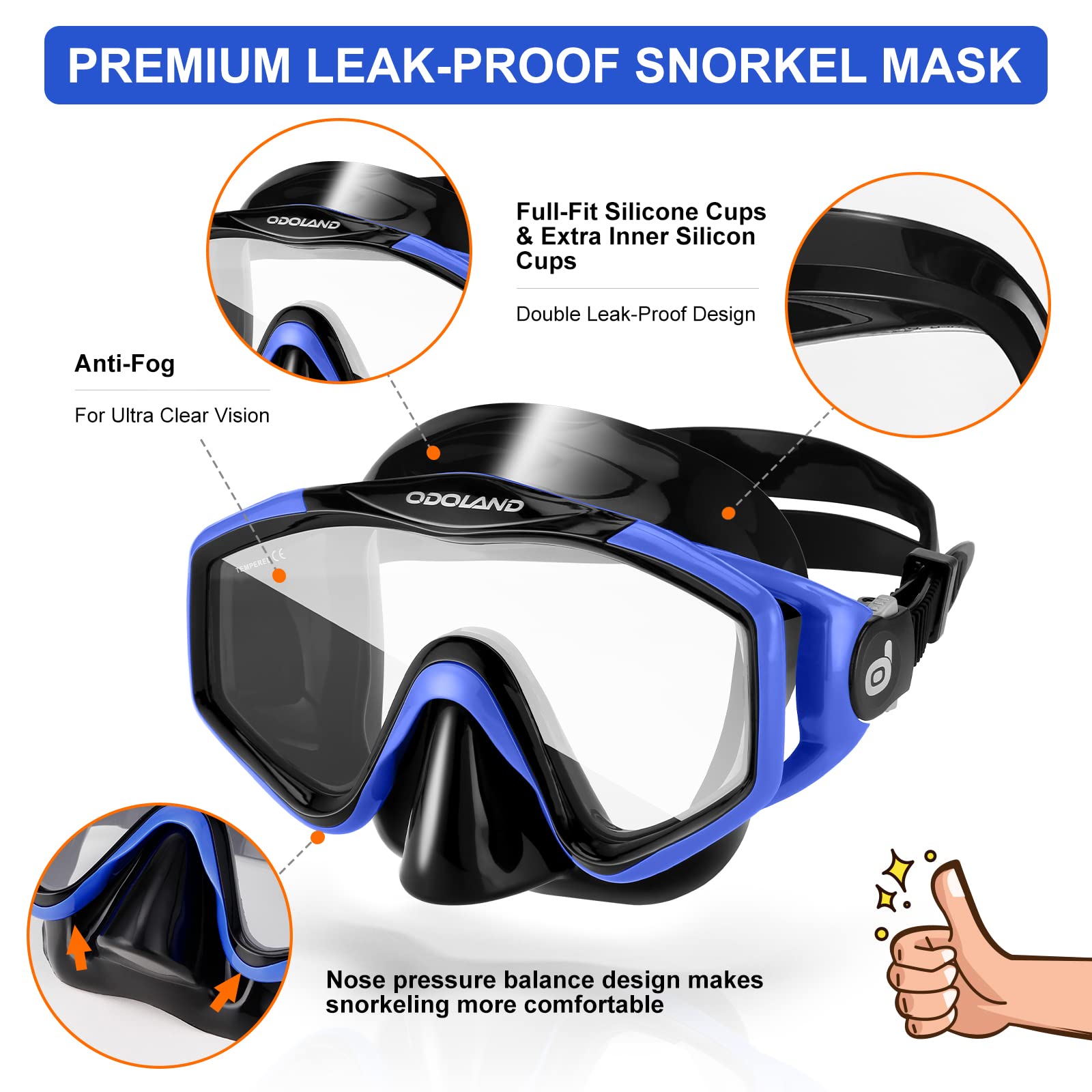 Odoland Snorkel Set | Panoramic Mask, Dry Top Snorkel & Fins - Blue