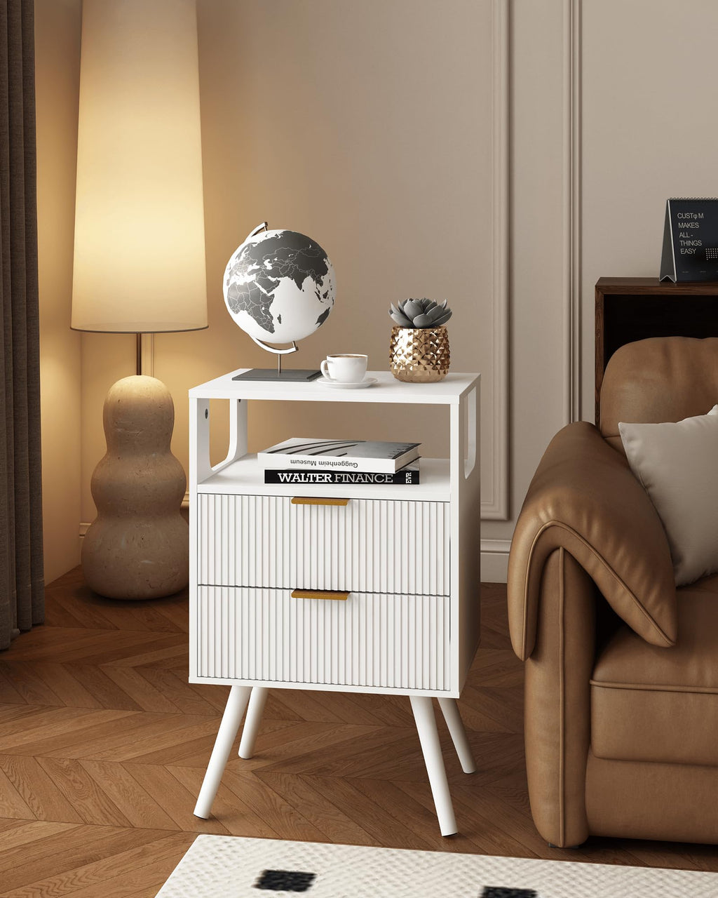JERX Wooden Bedside Table, Nightstand with 2 Storage Drawer and Open Shelf Modern Bedside Cabinet for Bedroom,White - image 4