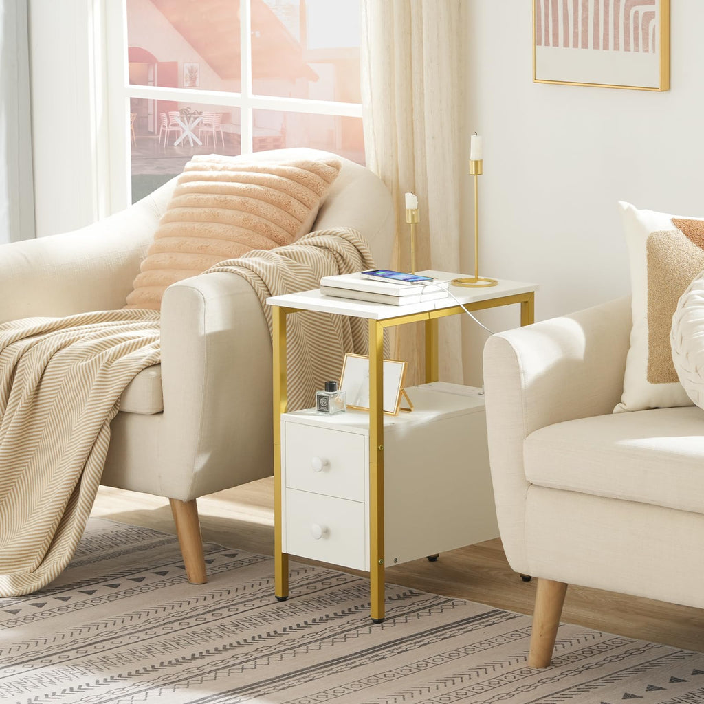HOOBRO Narrow Side Table with Charging Station, 2 Drawers, Industrial