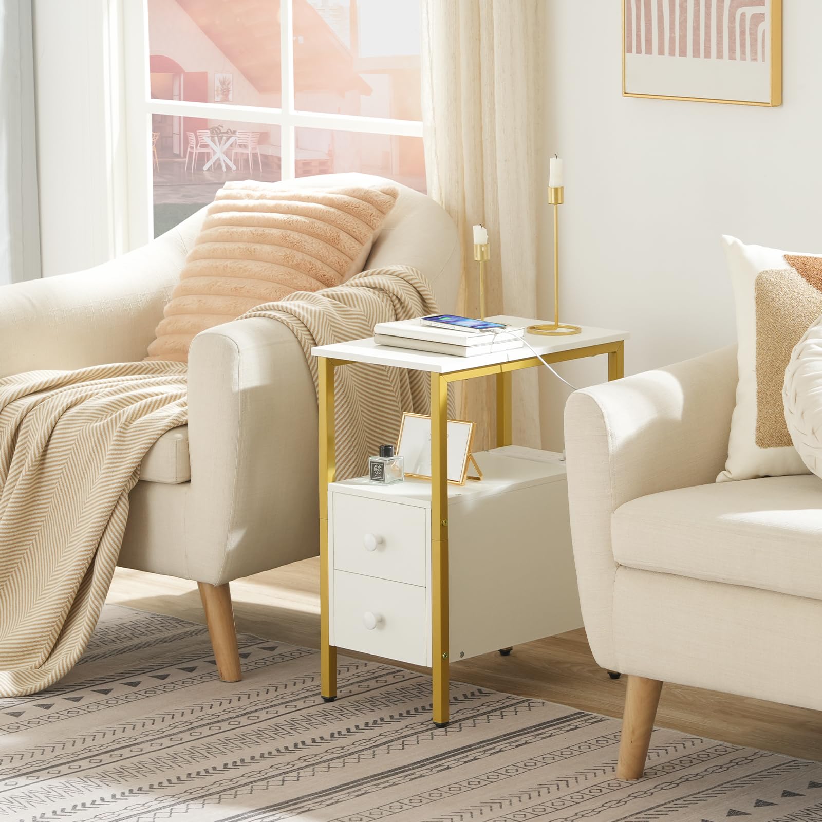 HOOBRO Narrow Side Table with Charging Station, 2 Drawers, Industrial