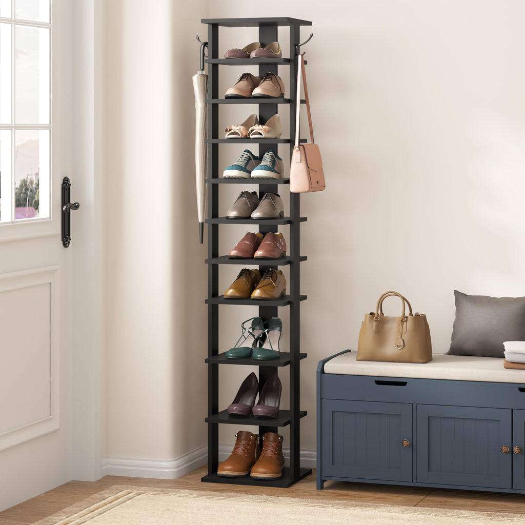 HOME BI 10-Tier Vertical Shoe Rack | Slim Wooden Corner Storage Tower