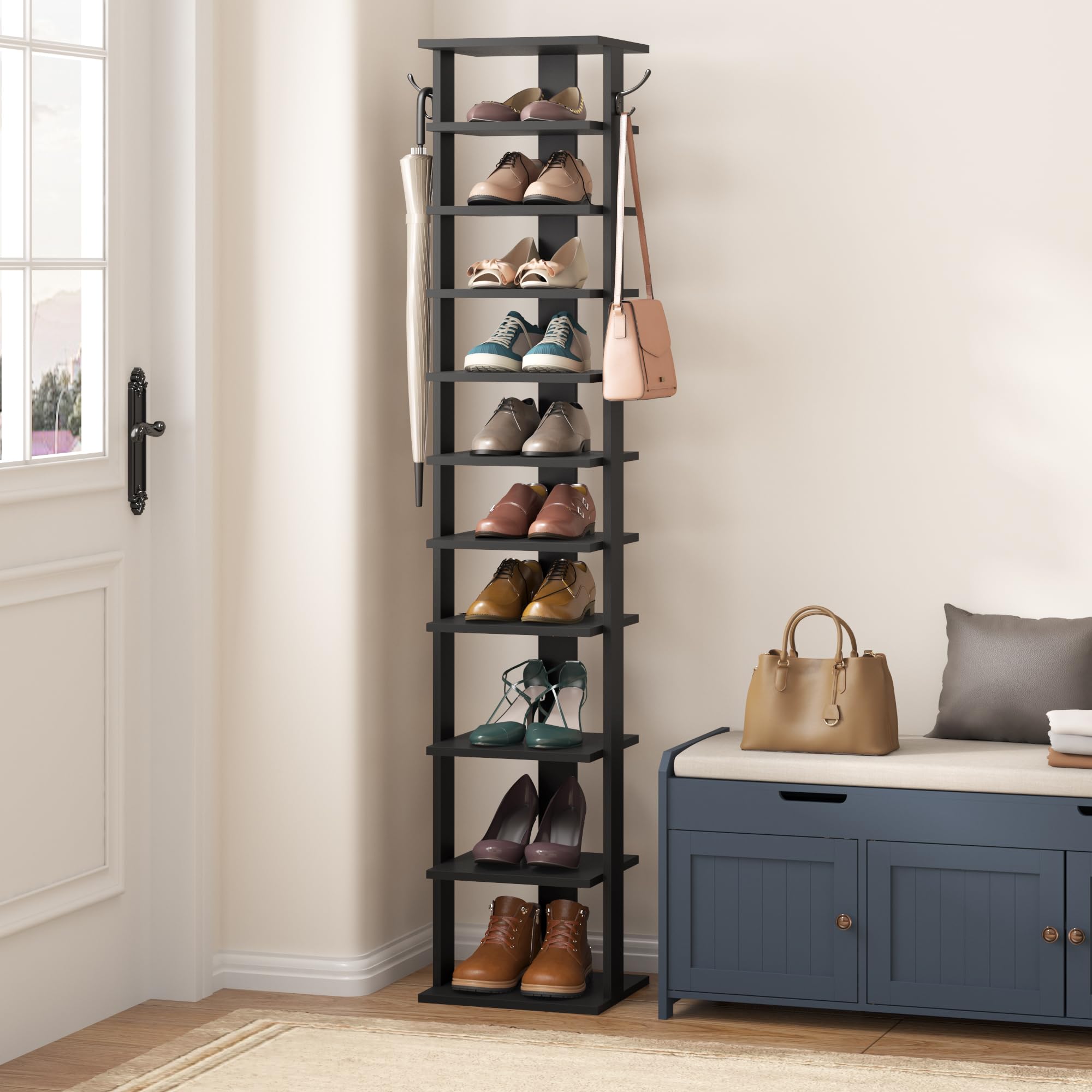 HOME BI 10-Tier Vertical Shoe Rack | Slim Wooden Corner Storage Tower