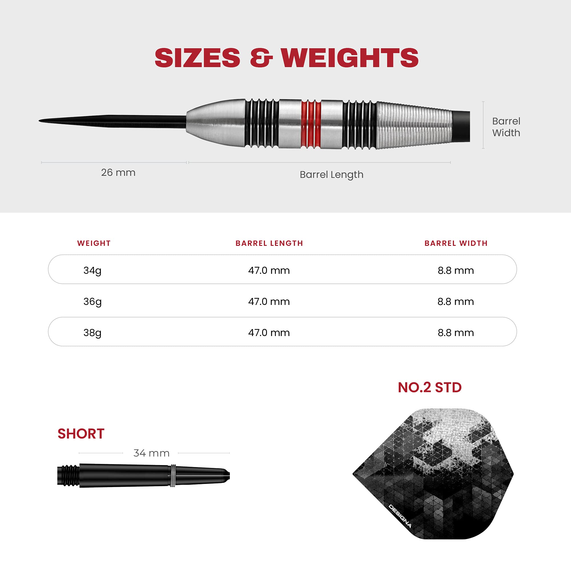 Designa Meteors 90 V2 Steel Tip Darts - 90% Tungsten Ringed - 36g
