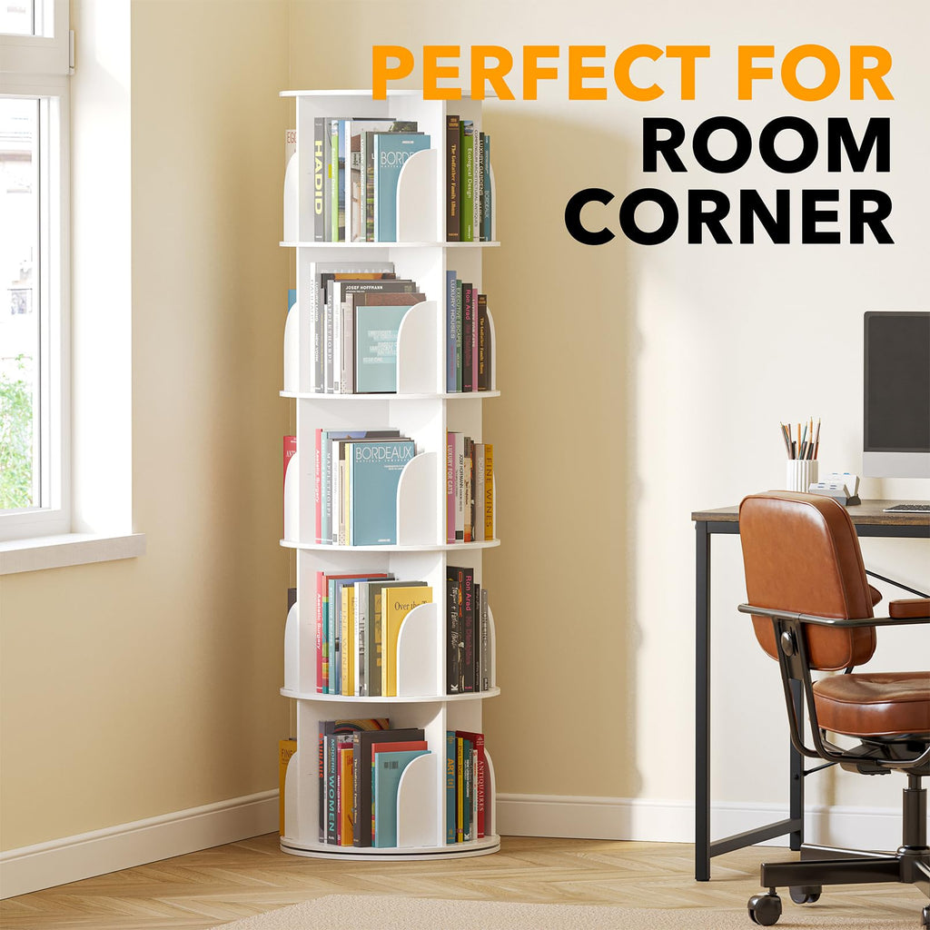 SpaceAid 5-Tier Rotating Shelf Tower, Rotating Lazy Susan Bookcase, 360° Round Storage Rack, Vertical Rotation, Spiral Corner Organizer, White - image 4