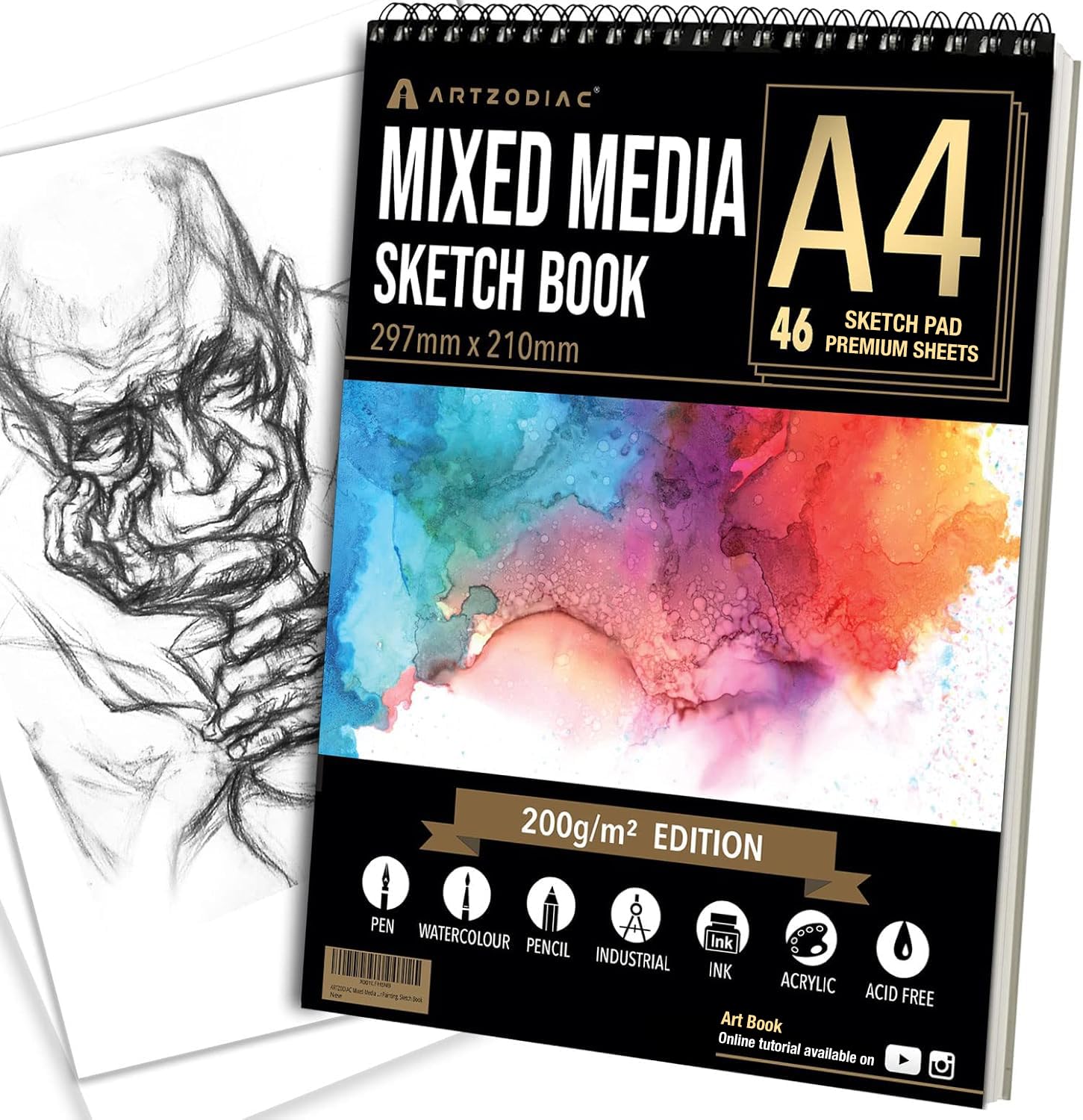 ARTZODIAC A4 Sketch Book | 200GSM Mixed Media Drawing Pad, 46 Sheets