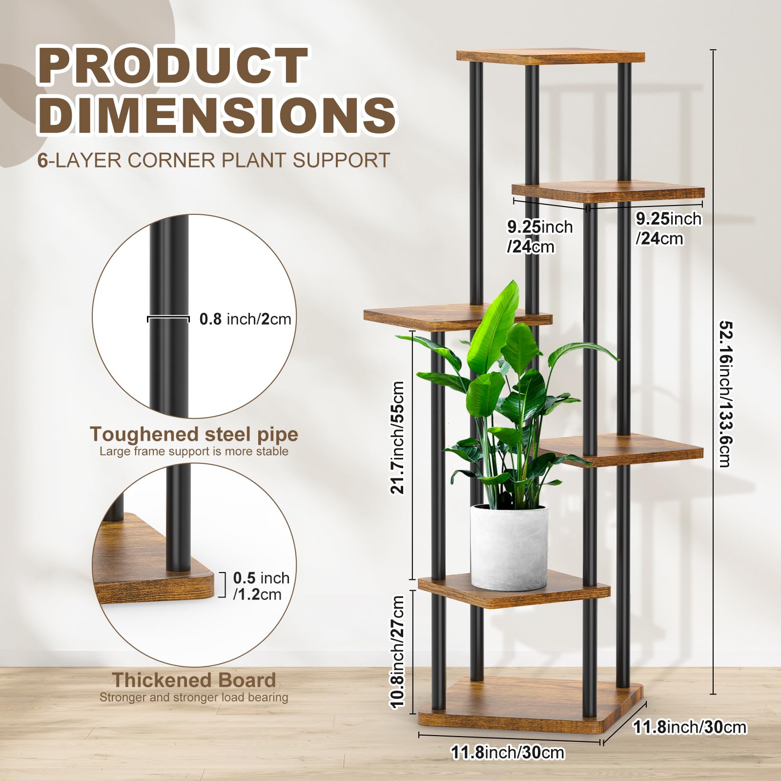 YOCOMEY 6-Tier Wood and Metal Plant Stand – Tall Indoor Corner Flower Rack
