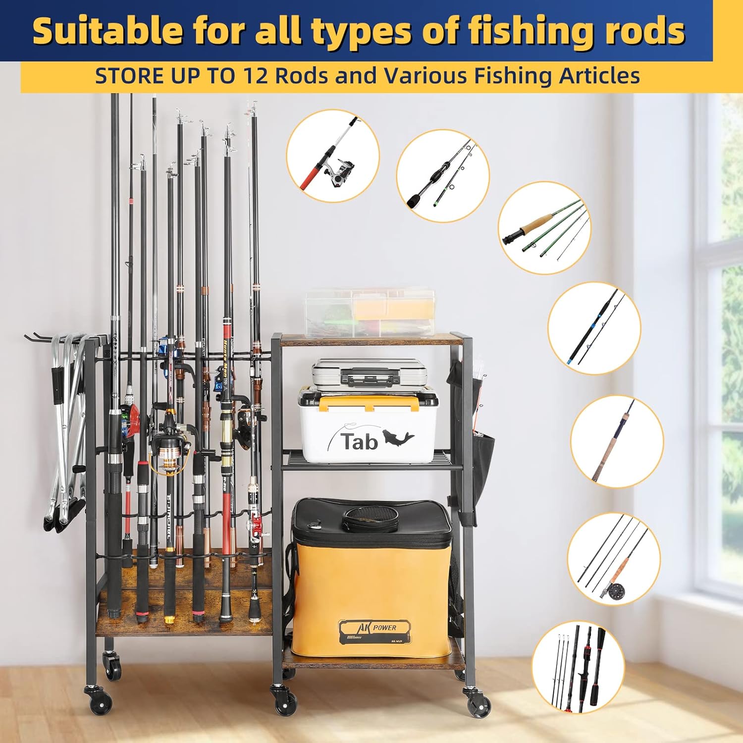 Massive Discounts Fishing Rod Holder - 12 Rod Steel Tackle Cart