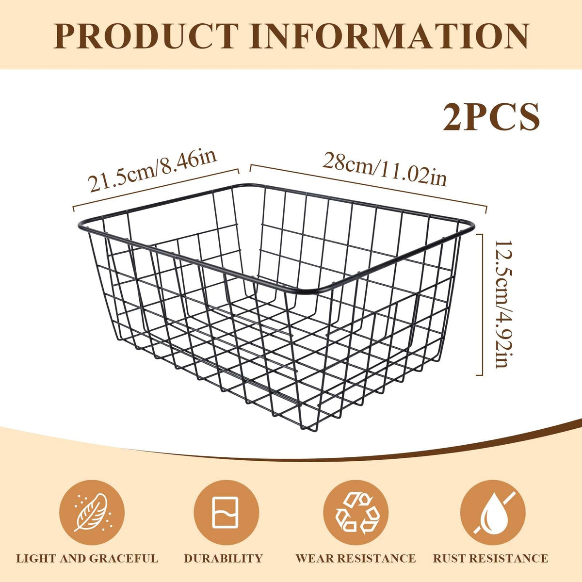 2 Metal Wire Storage Basket with Handles for Kitchen Cabinet Bedroom Bathroom Heavy Duty Rust Resistant Mesh Design Ideal for Organizing Household - image 2