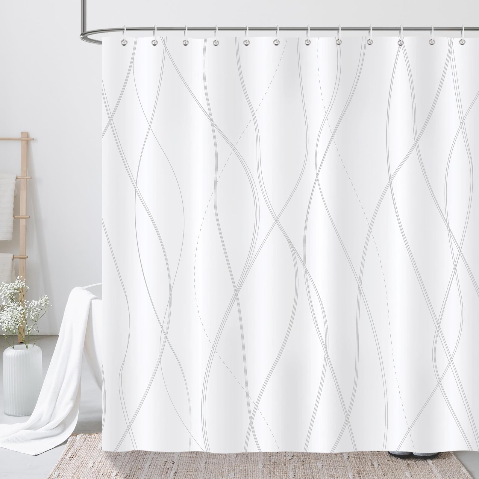 COZZSNUGE Grey and White Striped Polyester Shower Curtain | 183x183cm