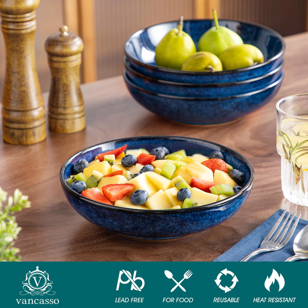 vancasso Stern 38 oz Ceramic Pasta Bowl Set of 4 | Blue Stoneware Salad Bowls
