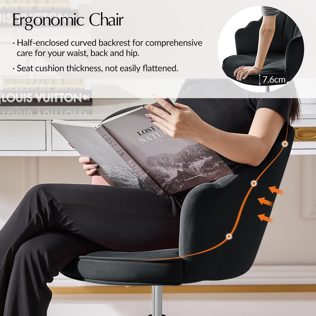 HULALA HOME Swivel Desk Chair with Gold Base and Scalloped Backrest, Black - image 5