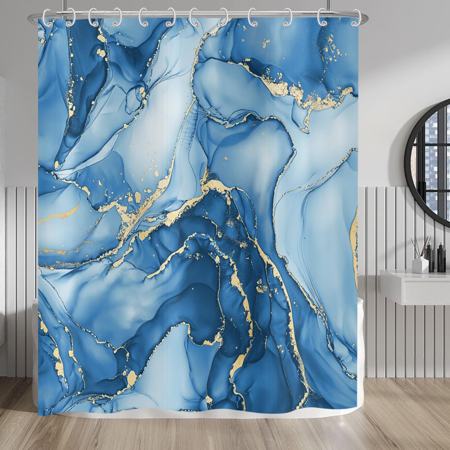 Hnmdmyi Marble Shower Curtain | Blue & Gold Waterproof Polyester, 180x200cm