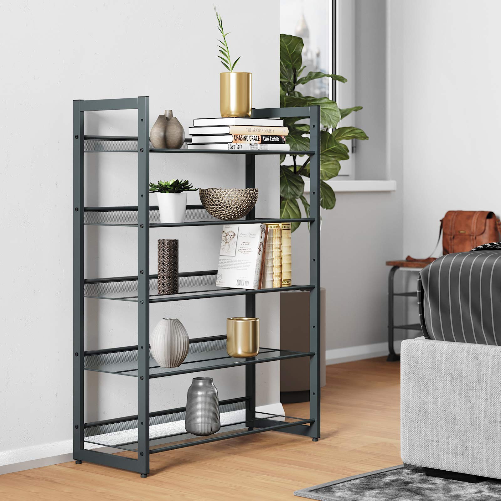 SONGMICS 5-Tier Stackable Shoe Rack | Metal Storage Shelf in Cool Gray