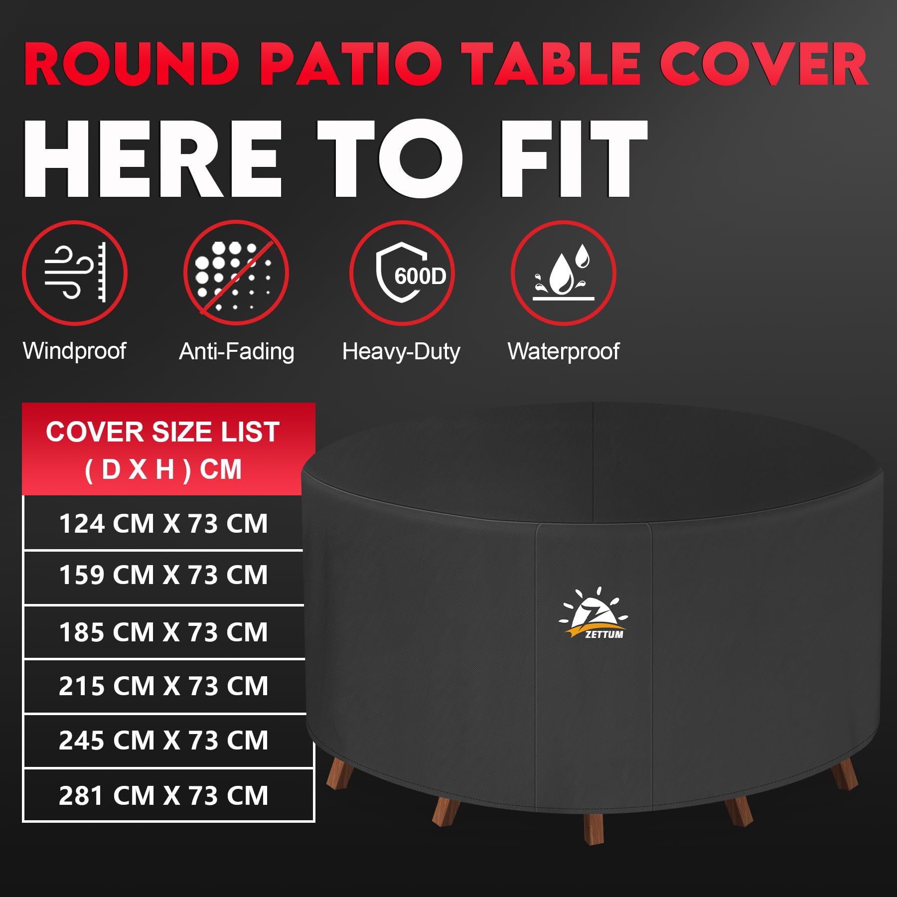 Zettum Round Garden Furniture Cover | 600D Waterproof Oxford Fabric | 185x73cm