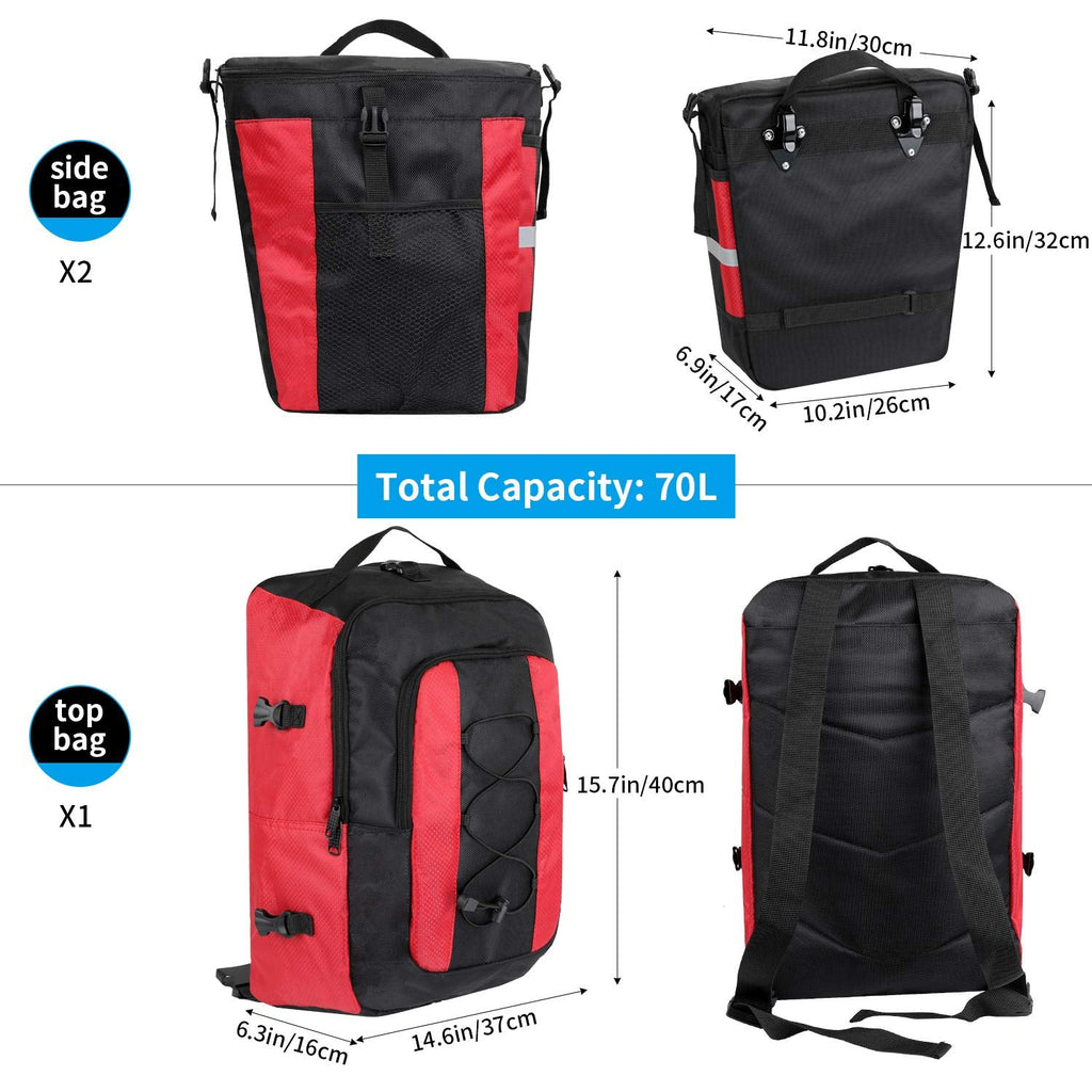 PELLOR 70L Waterproof 3-in-1 MTB Bike Rear Pannier Bag with Rain Cover
