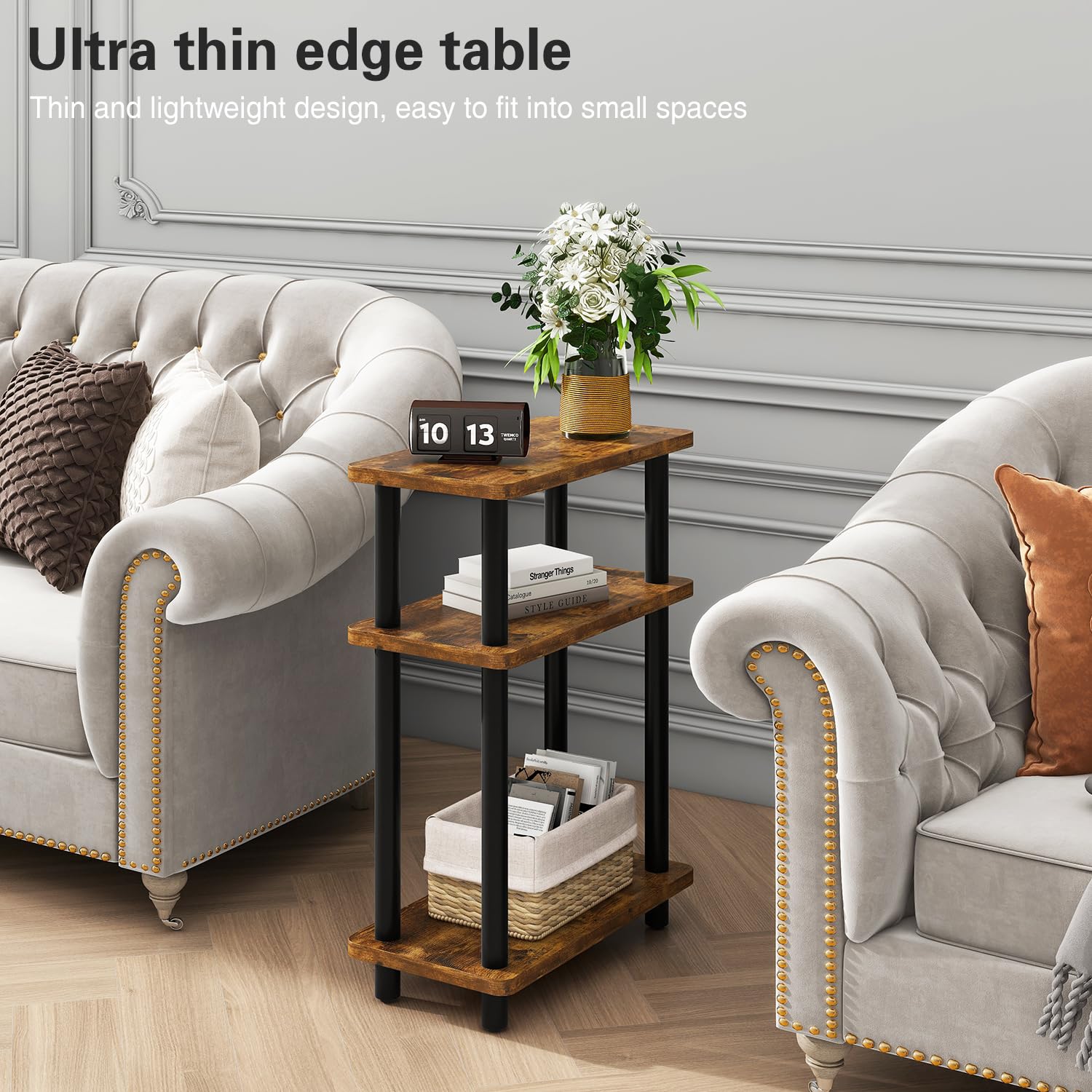 IBUYKE Narrow Side Table – 3-Tier Slim End Table with Storage Shelf