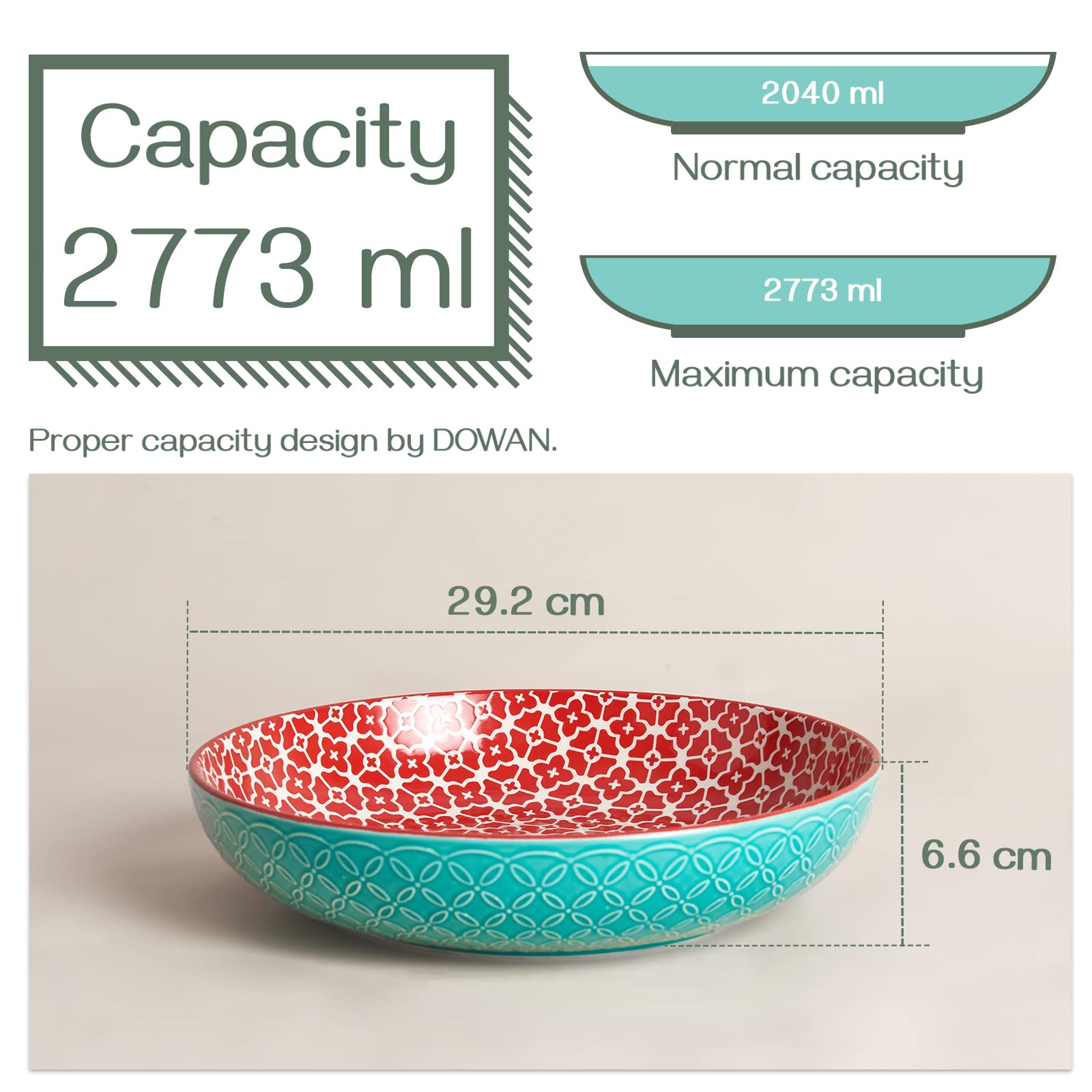 DOWAN Large Ceramic Serving Bowl - 2.9 Qt Porcelain Salad Pasta Platter