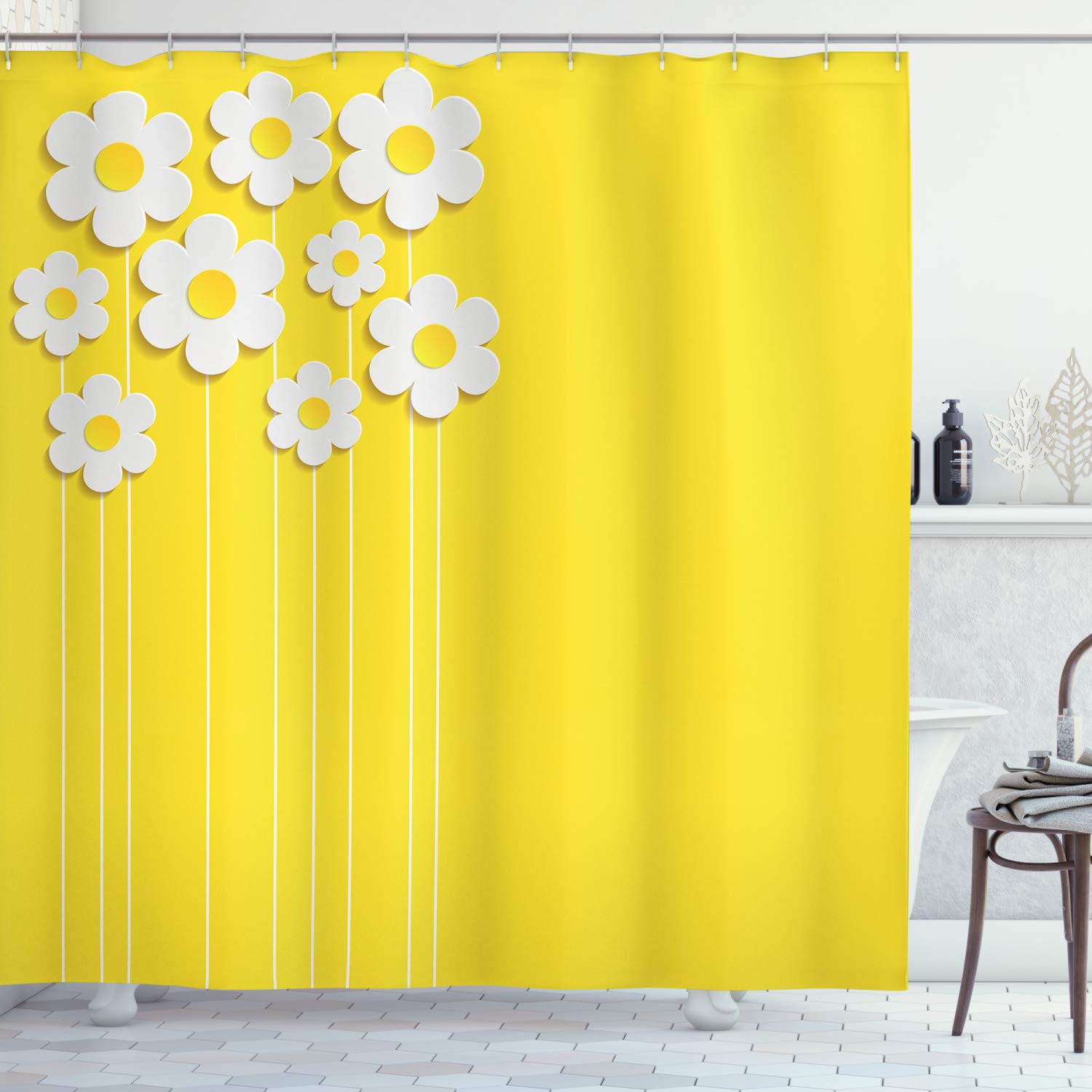 ABAKUHAUS Yellow Daisy Floral Shower Curtain – Waterproof Fabric, 94" Long