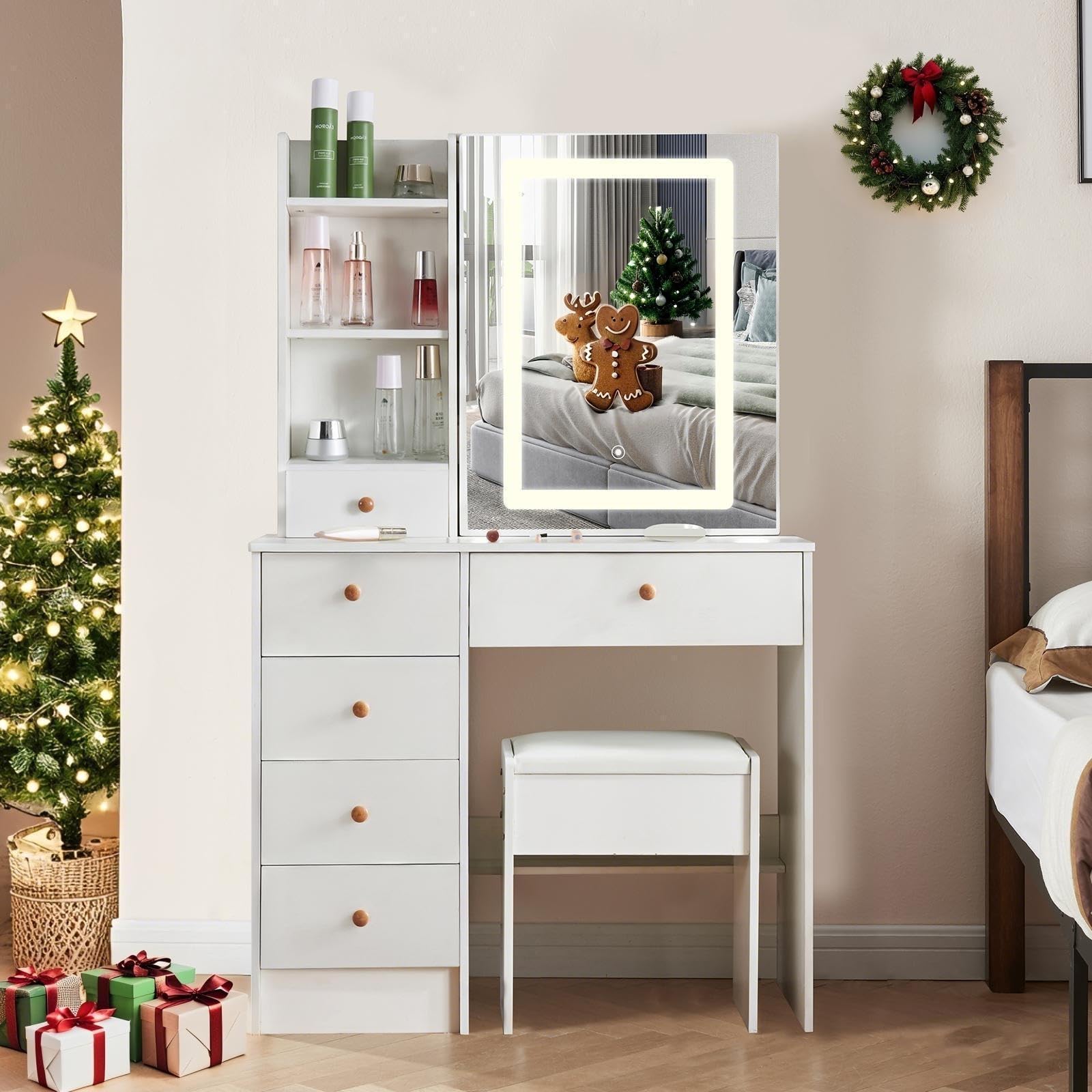White Vanity Desk with LED Mirror, 6 Drawers and Stool