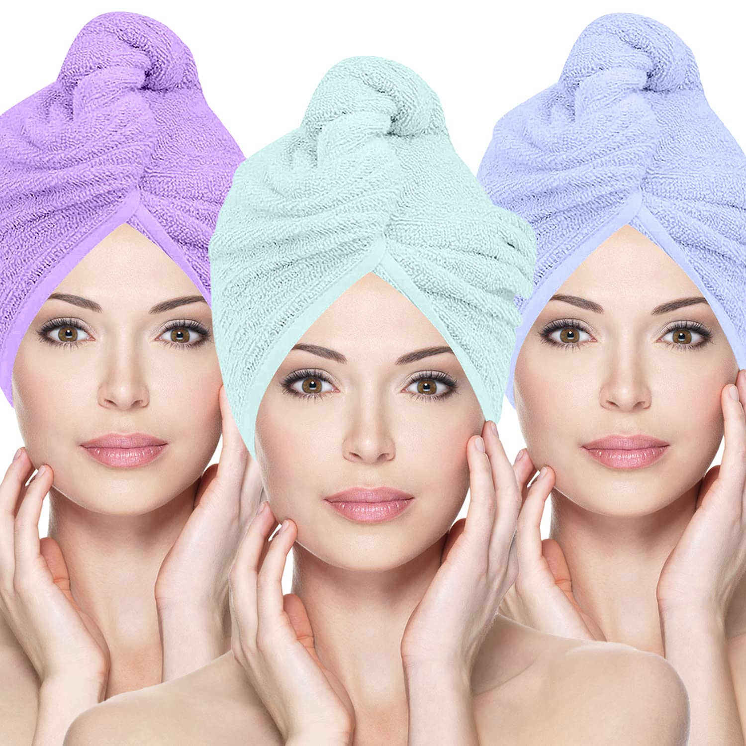 Glamza Microfibre Hair Towel Wrap – 3 Pack Fast Drying Turban with Button