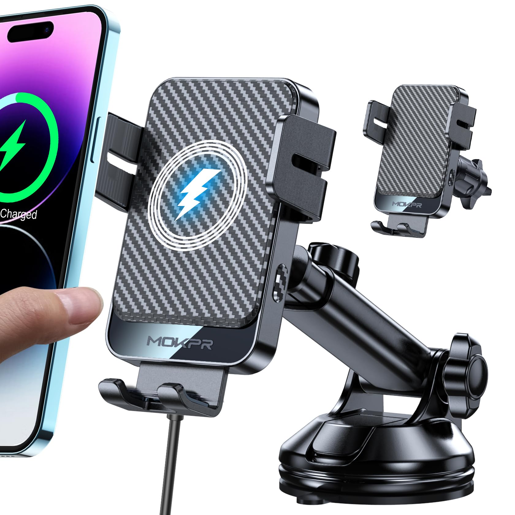 MOKPR 15W Wireless Car Charger – Auto Clamping Dashboard Phone Holder