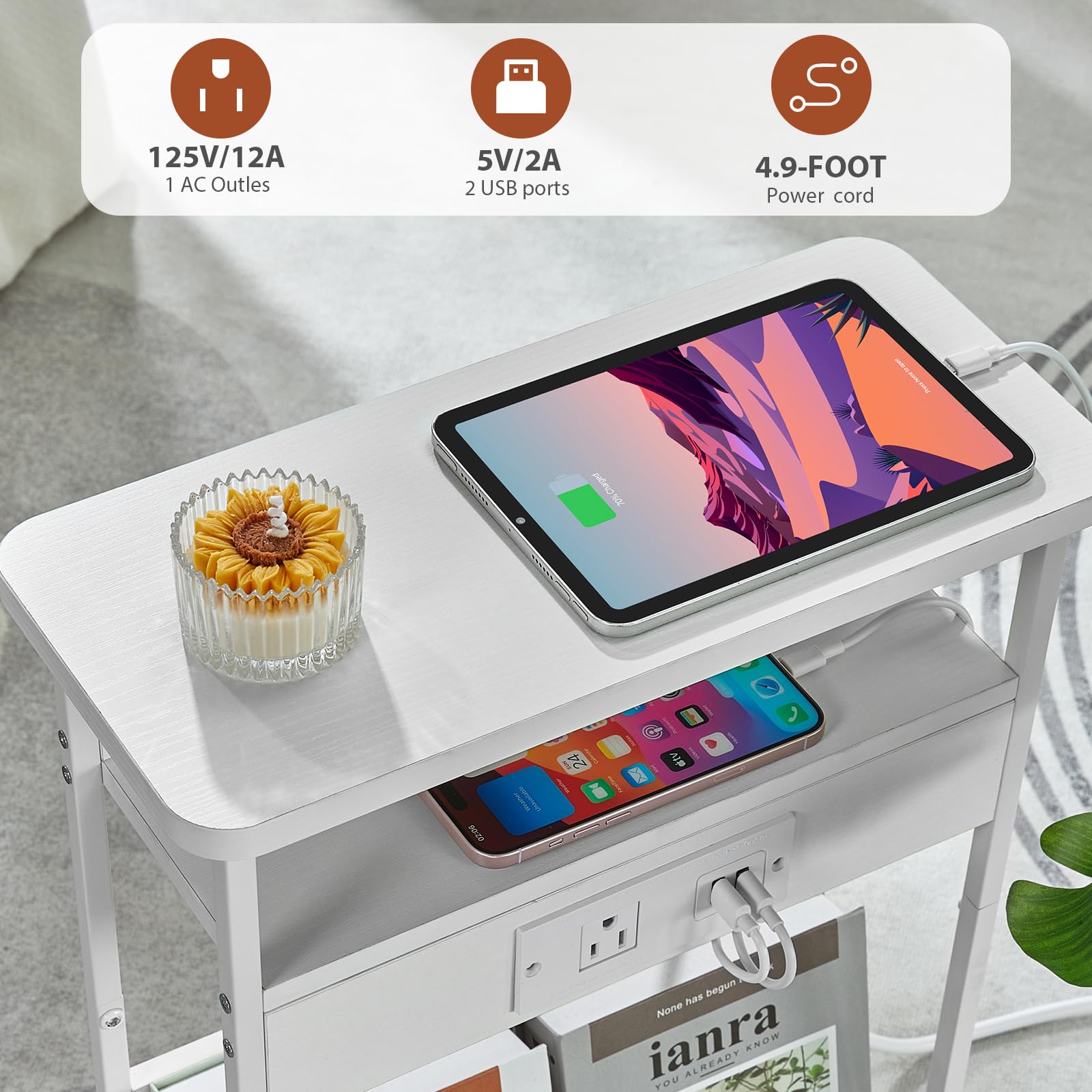 YEAKOO Narrow Side Table with Charging Station | 3-Tier Slim Nightstand