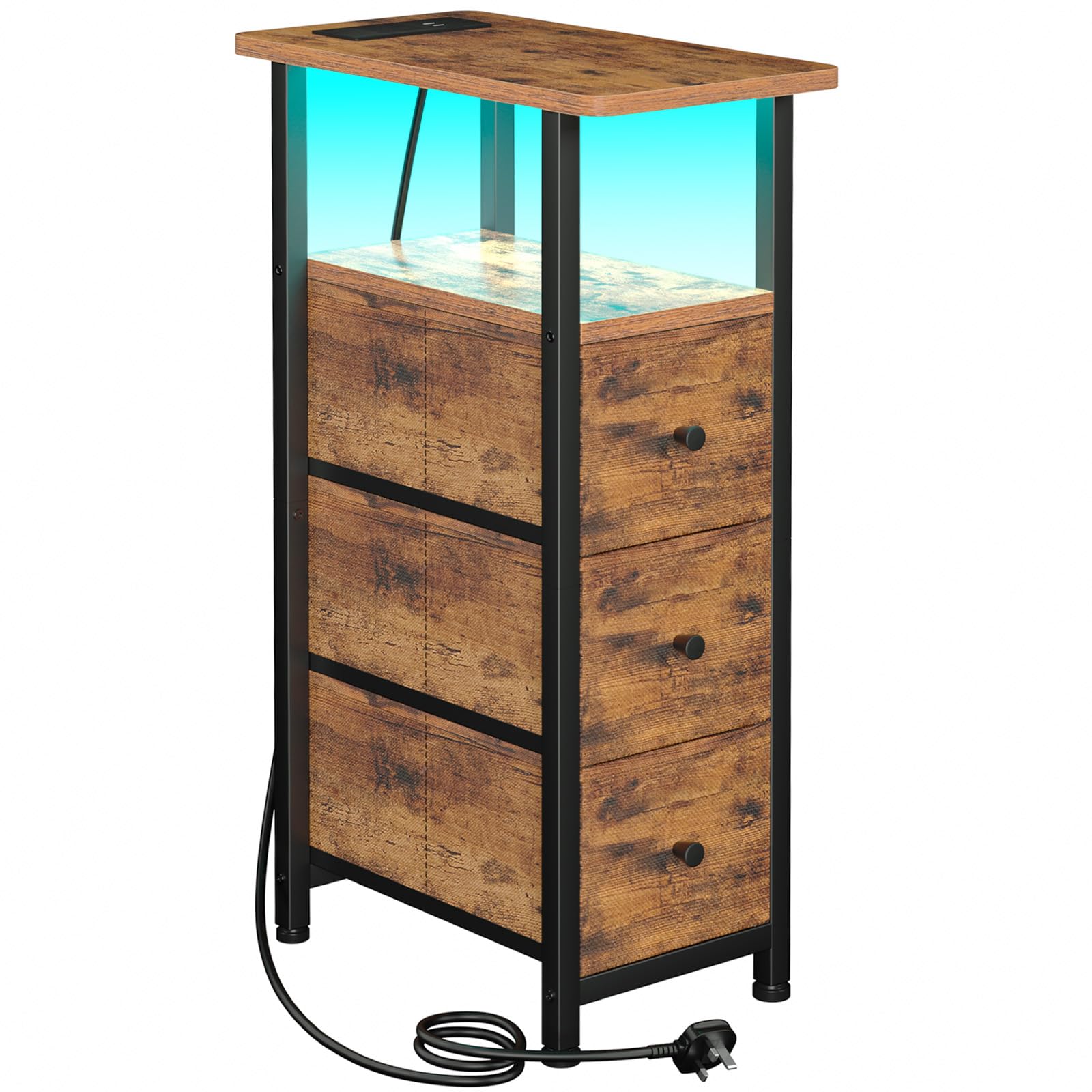 LOAKEKEL Slim Bedside Table with Charging Station and LED Light | Rustic Brown