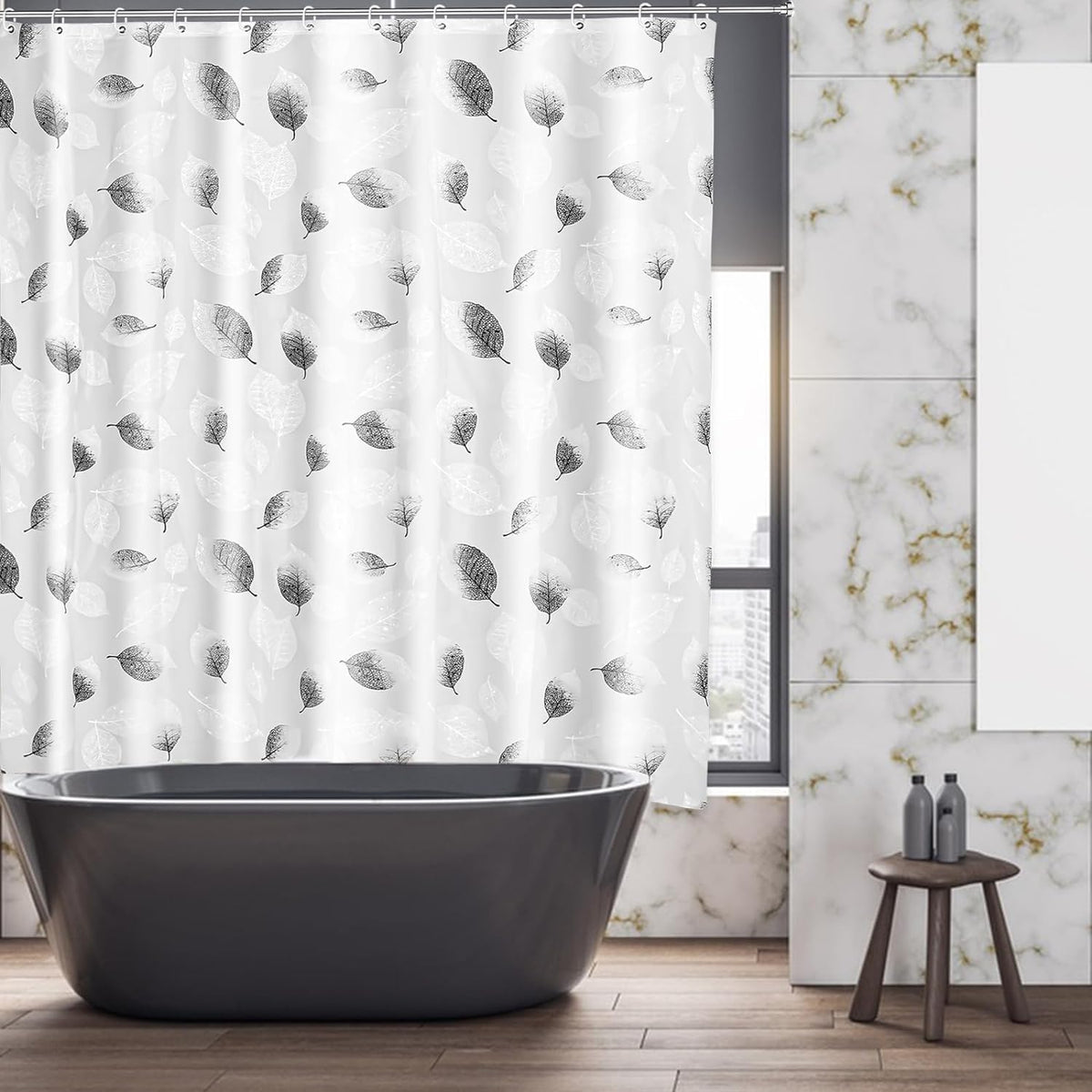 Shower Curtains Mould Proof Resistant - Leaves Patterned Semi-Transarent Shower Curtain, PEVA Waterproof Bathroom Curtains with 12 Hooks, 180 x 180 cm - image 4