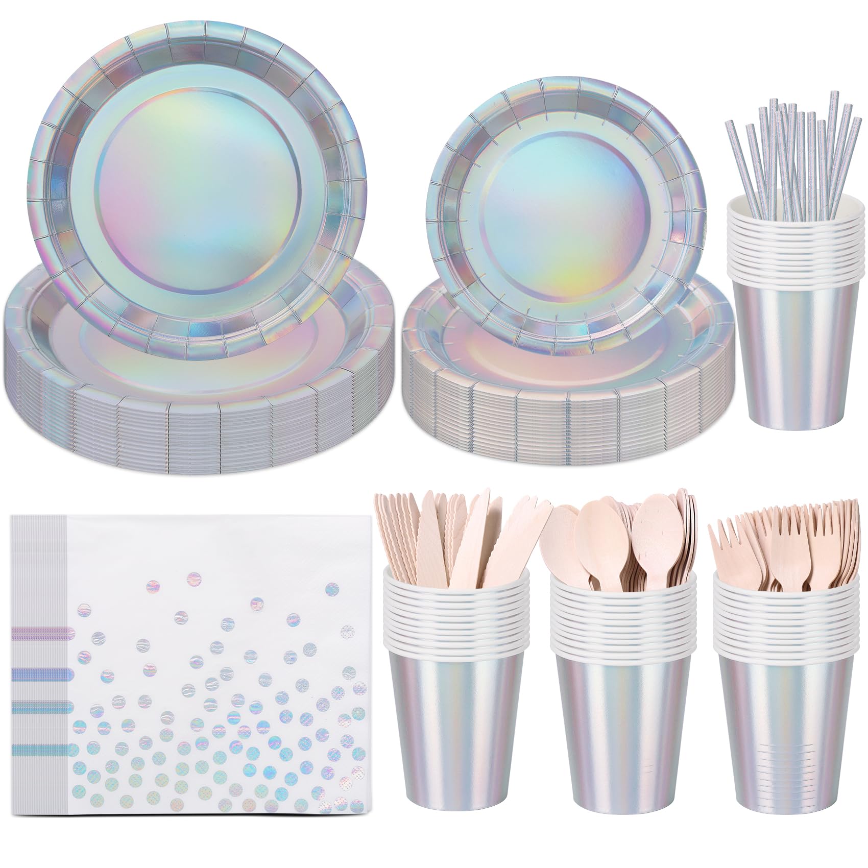 CEILIWEN Iridescent Party Supplies Set | 200PC Holographic Tableware