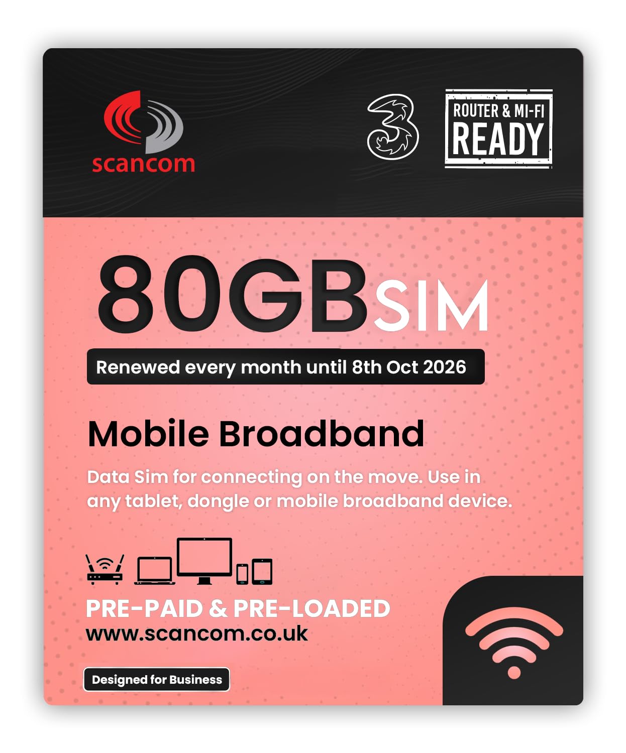 Three 80GB 5G Data SIM – Preloaded Monthly Until 2026 –