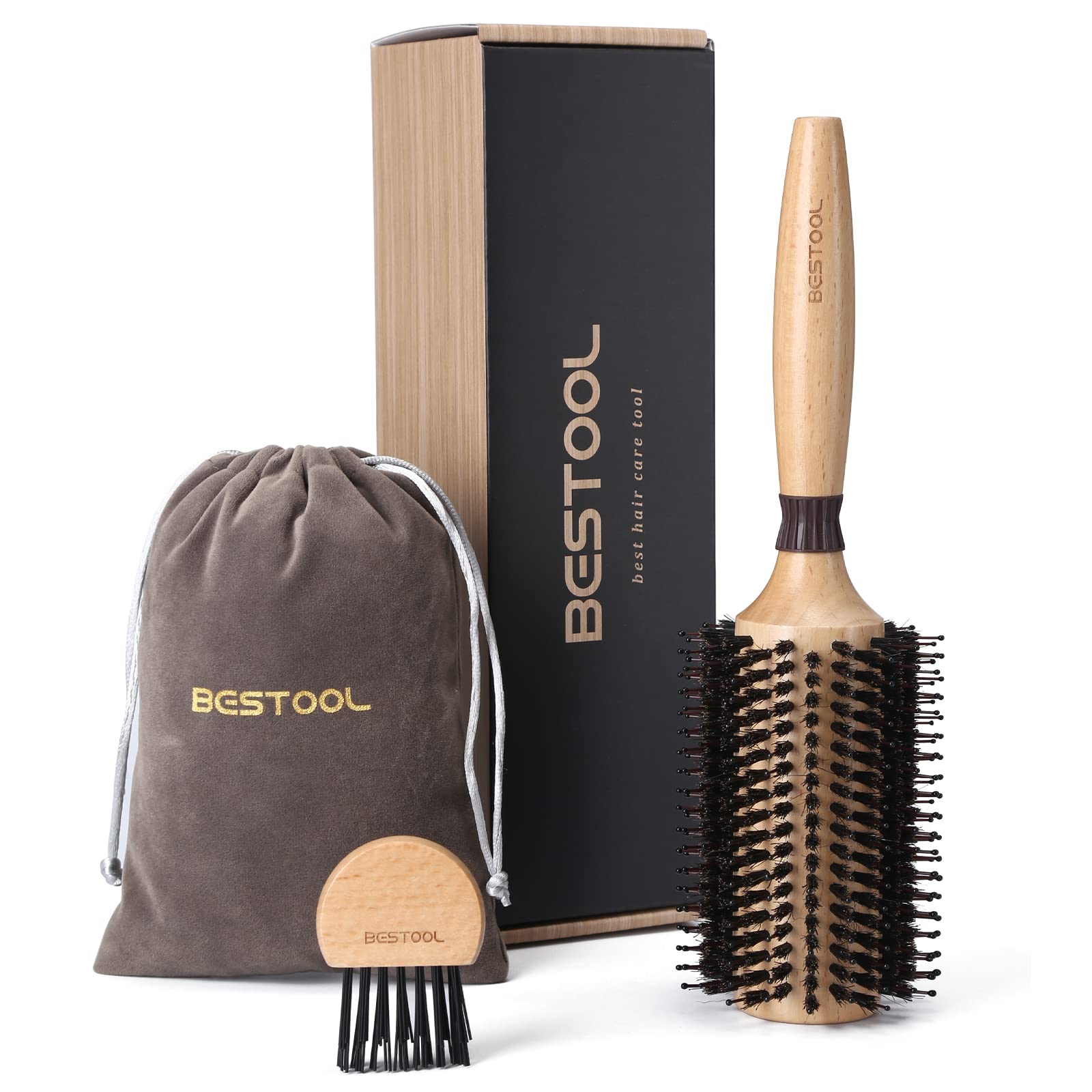 BESTOOL Round Boar Bristle Brush for Blow-Drying | 38mm Wooden Barrel