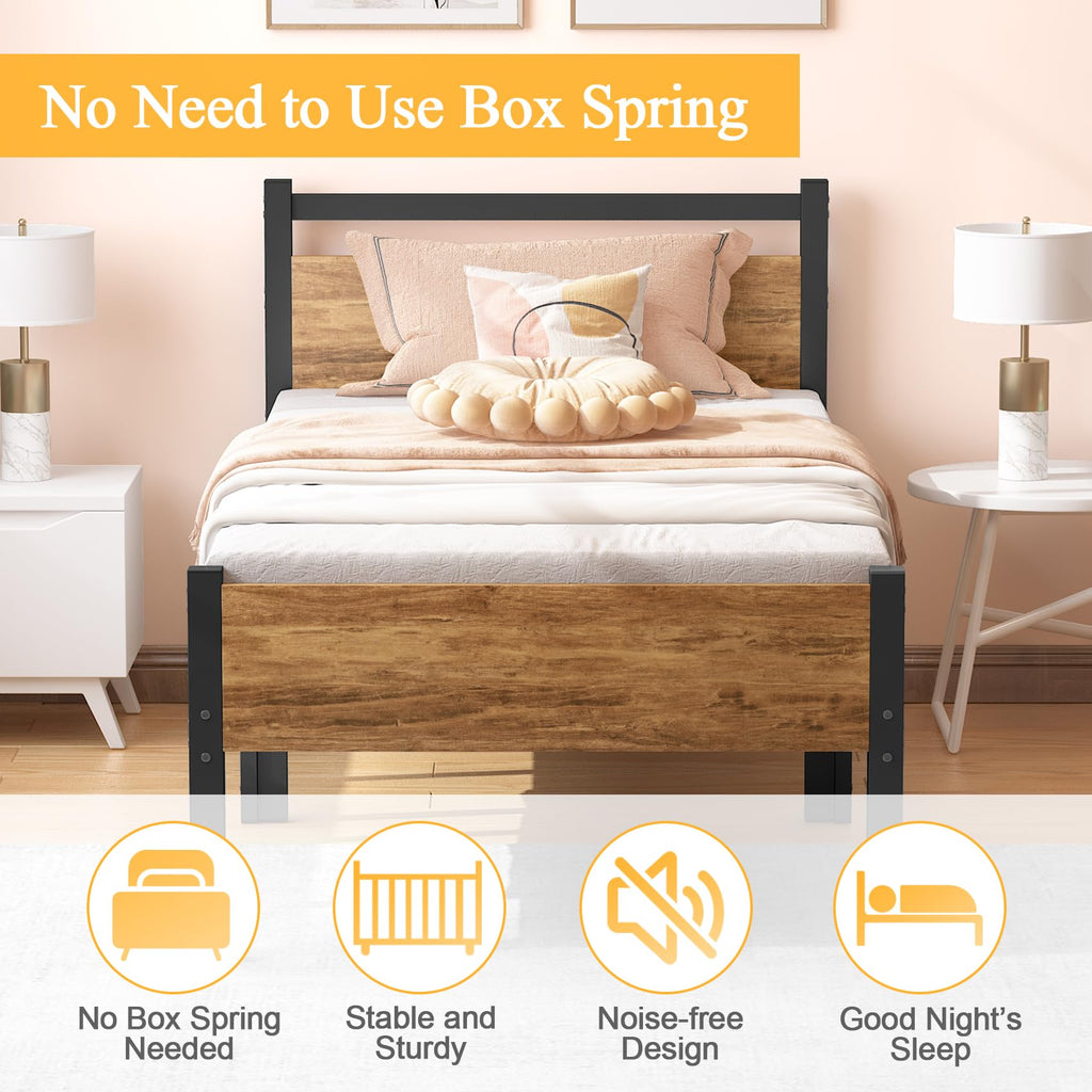 Yornoli Single Metal Platform Bed Frame with Wood Headboard & Storage