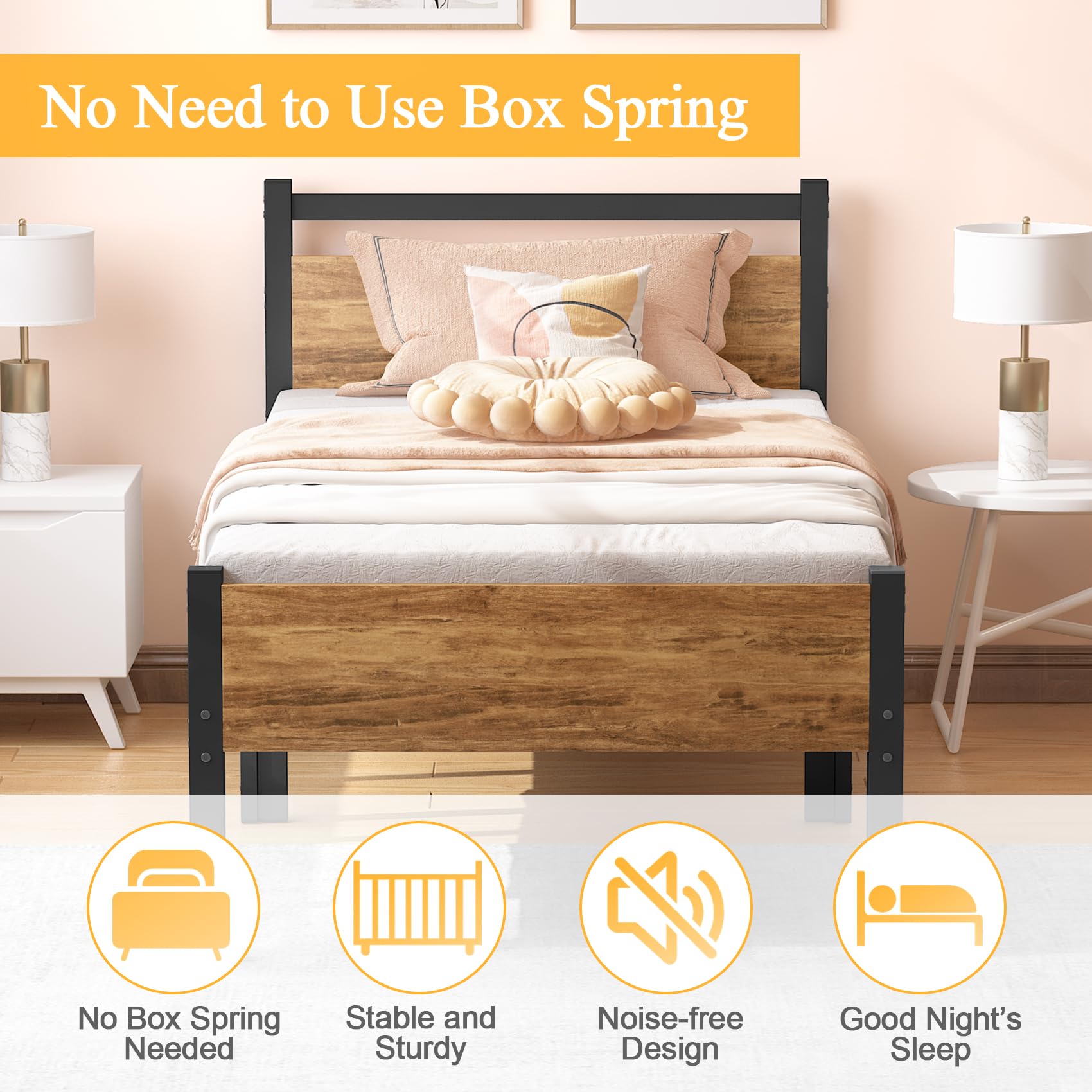 Yornoli Single Metal Platform Bed Frame with Wood Headboard & Storage