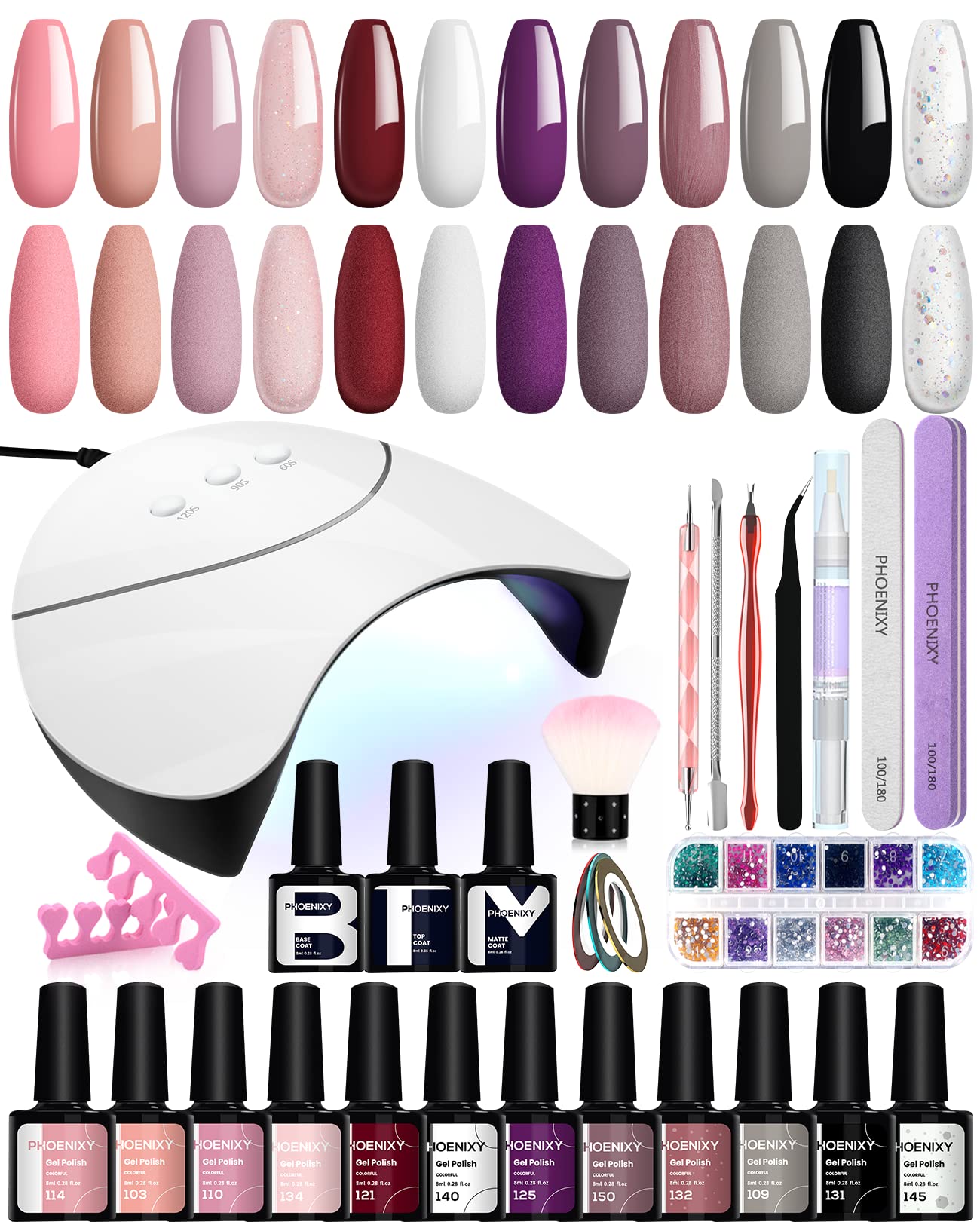 Phoenixy 12 Color Gel Nail Polish Starter Kit with 36W UV LED Lamp