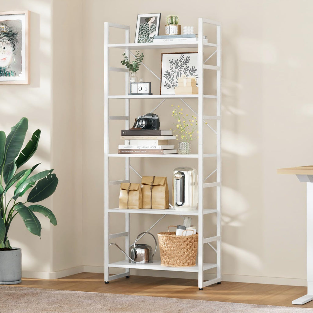 TREETALK 5-Tier Industrial Bookshelf | Standing Storage Rack - White