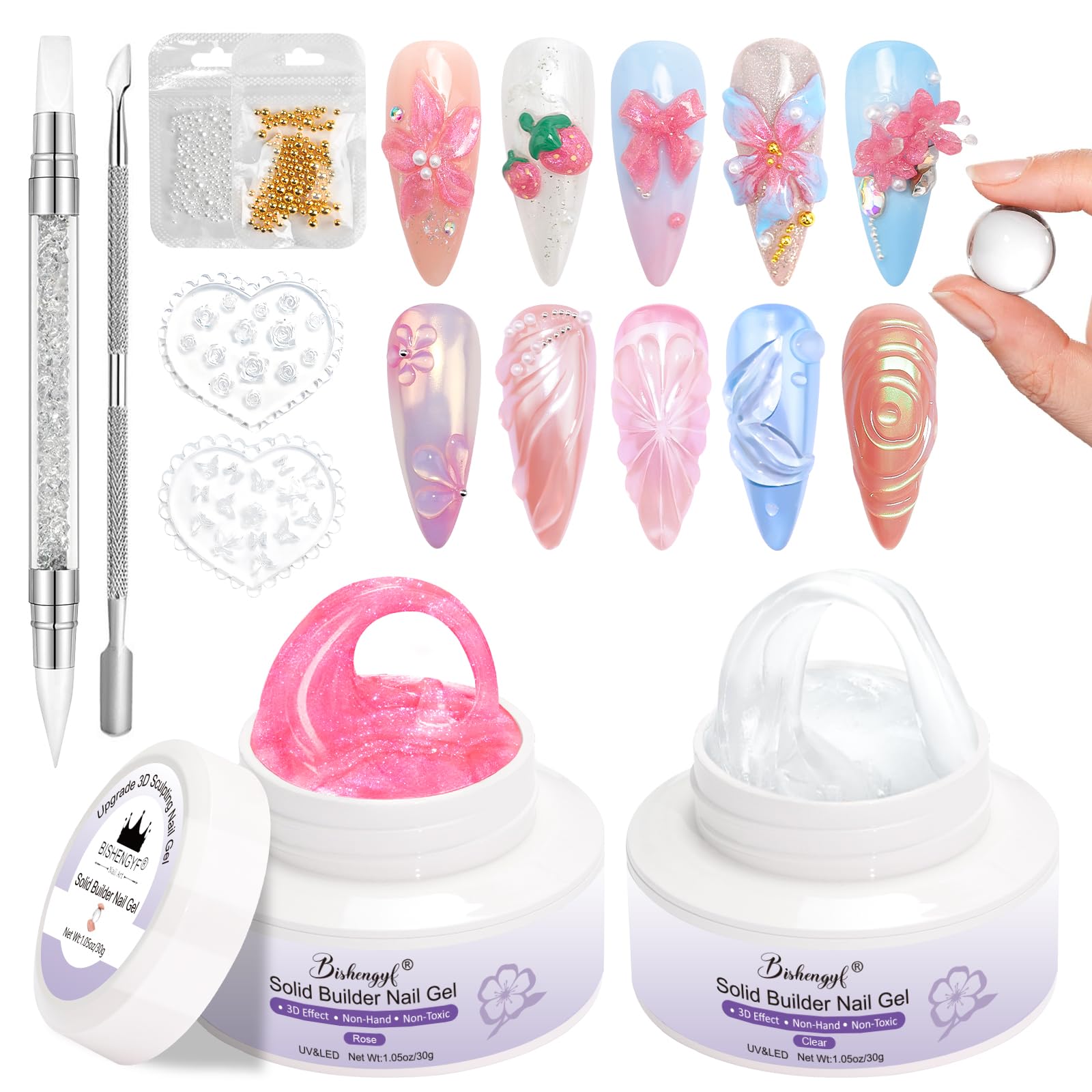 BISHENGYF Solid Builder Gel Kit | 2pcs 30g Clear & Rose 3D Sculpting Gel