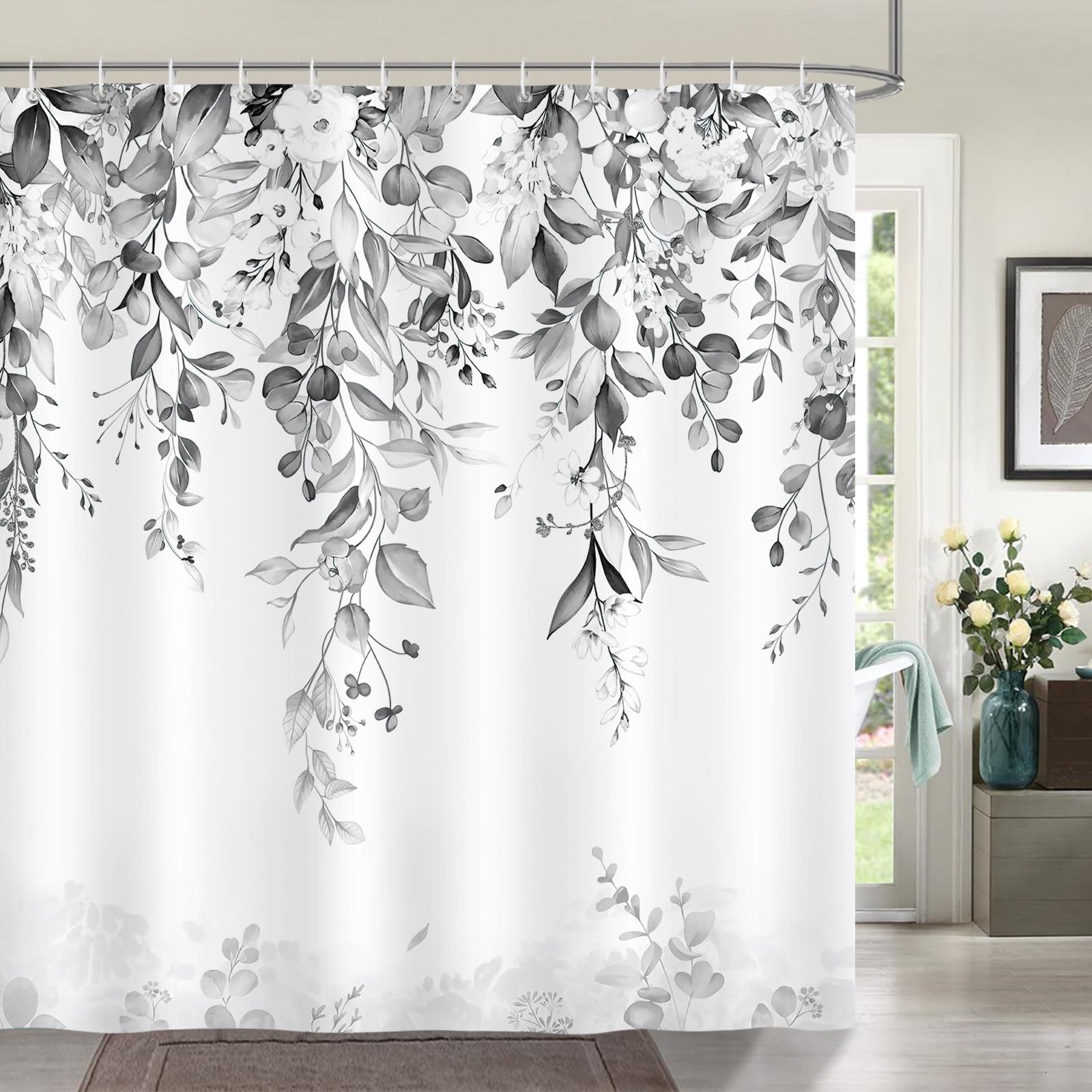 Grey Eucalyptus Shower Curtain | Waterproof Floral Polyester