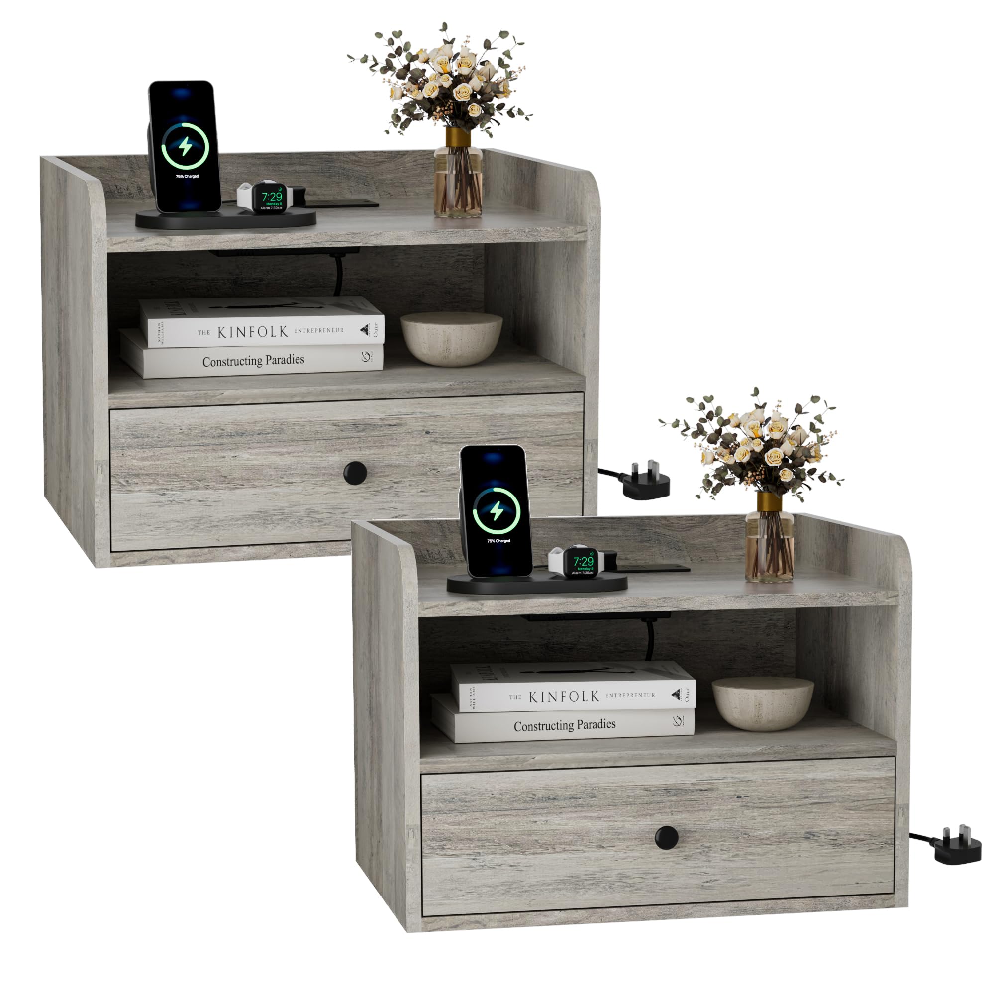 BonVache Floating Nightstand Set of 2 with Charging Station - Gray