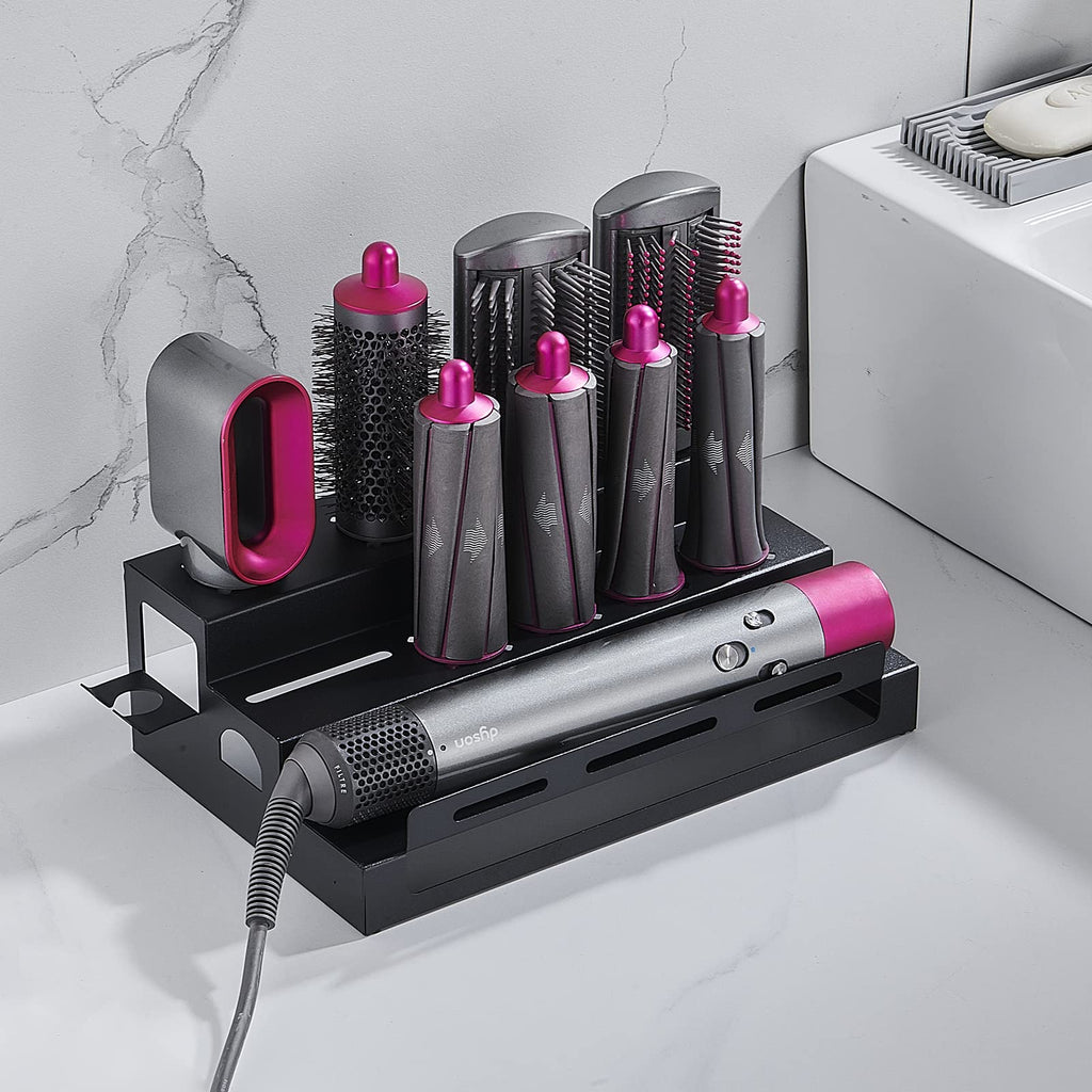 Hosoncovy Metal Wall Mount Holder Organizer Stand Storage Rack with Towel Holder Tabletop Organizer for Dyson Airwrap Styler and Brushes Black