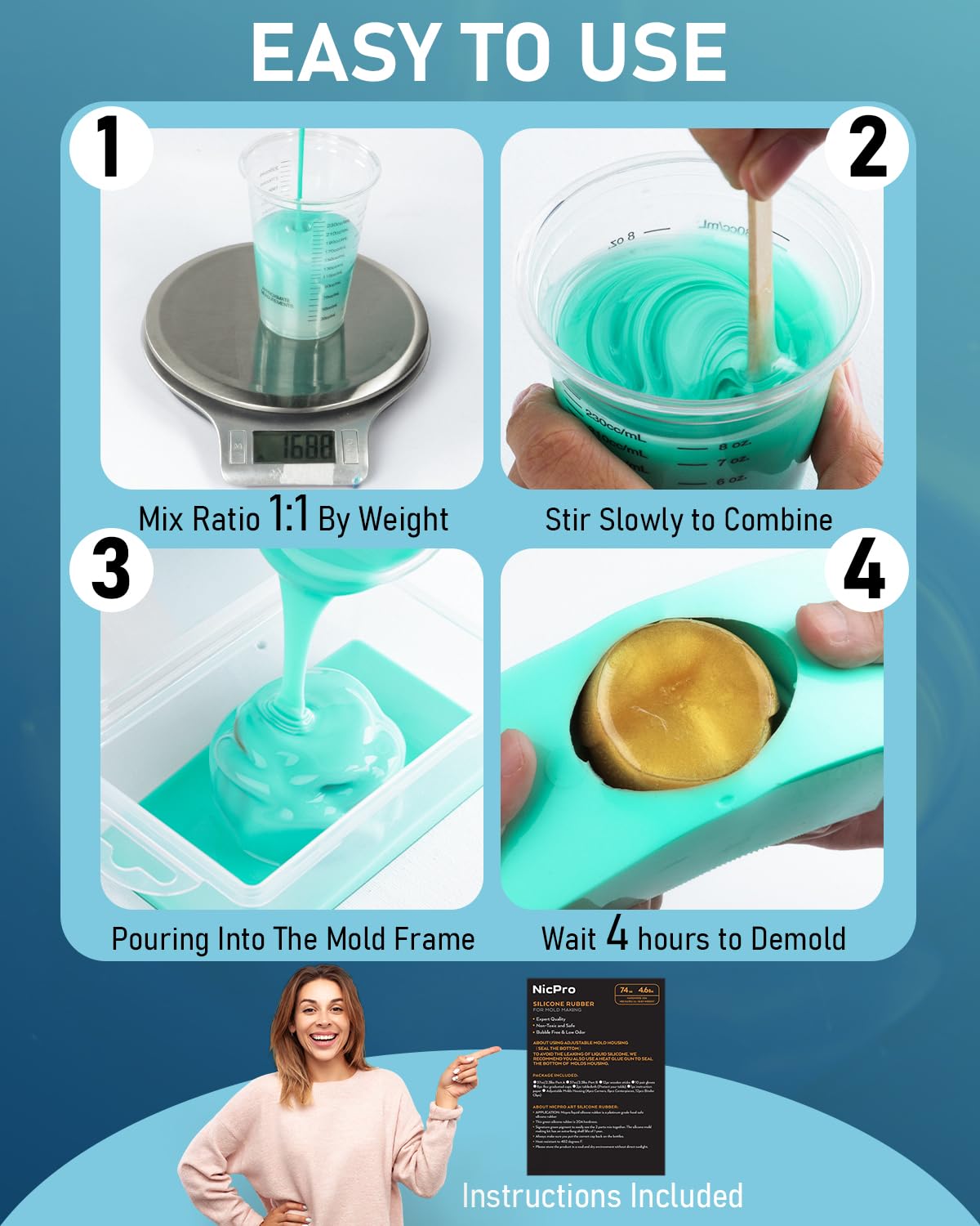 Nicpro 74oz Silicone Mold Making Kit – Platinum Liquid Rubber, Jade Green