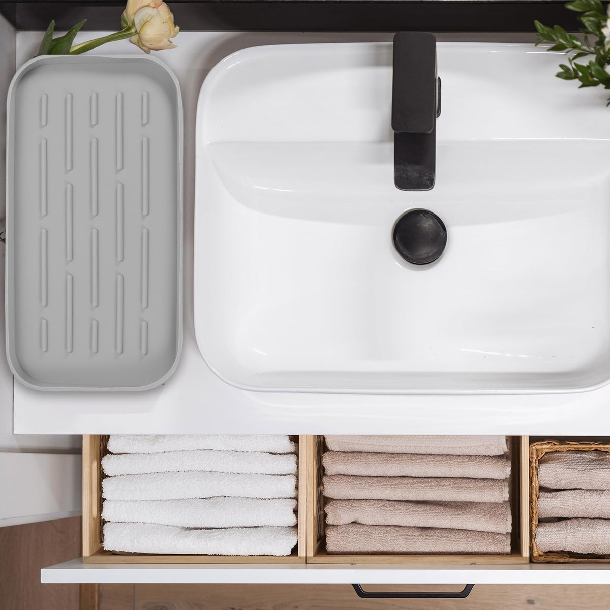 sourcing map Silicone Kitchen Sink Organizer Tray, Silicone Soap Dispenser Tray SoapGrey