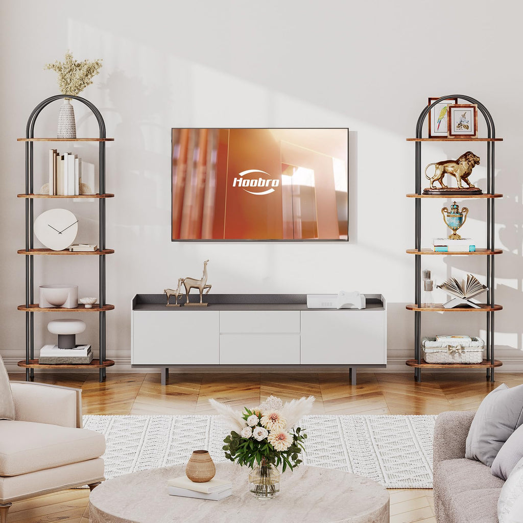 HOOBRO 5-Tier Industrial Arched Bookcase - Rustic Brown Tall Storage Shelf