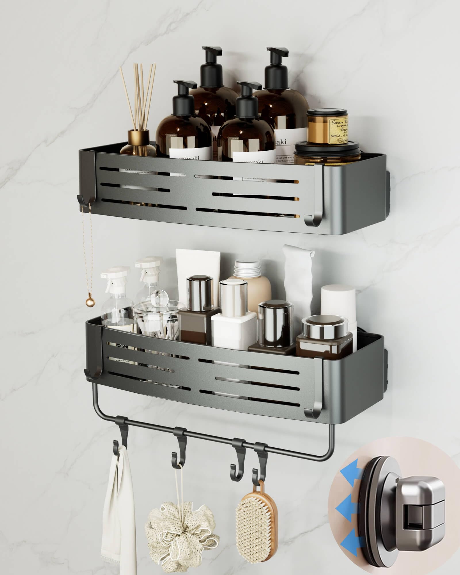 Onemake 2-Pack Suction Cup Shower Caddy | No-Drill Aluminum Shelf - Grey