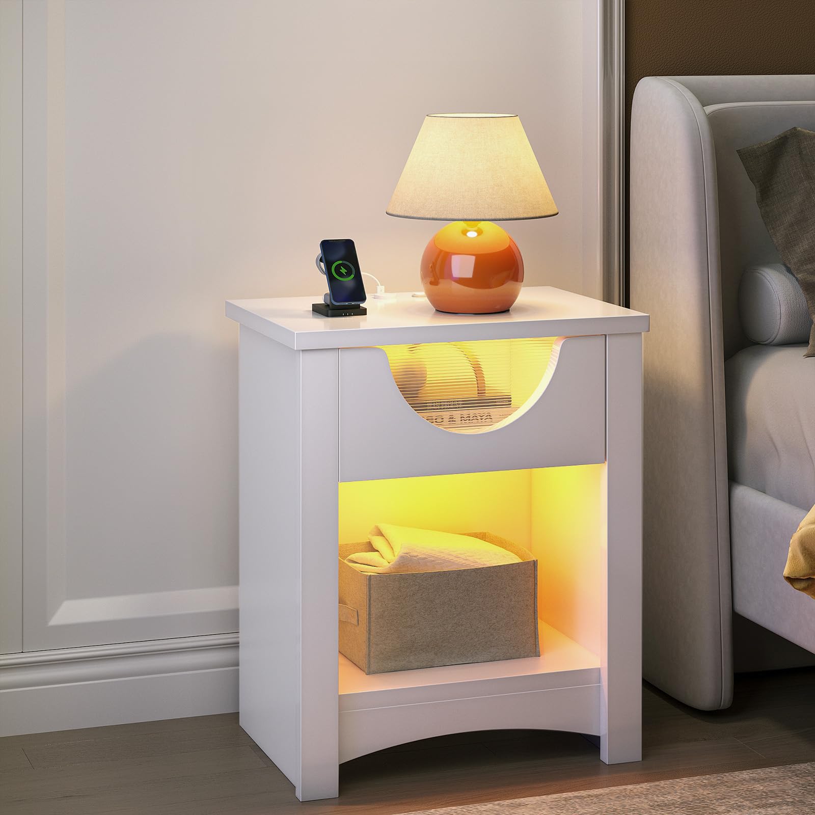 Bestier White Slim Bedside Table with LED Light and USB Charging Port