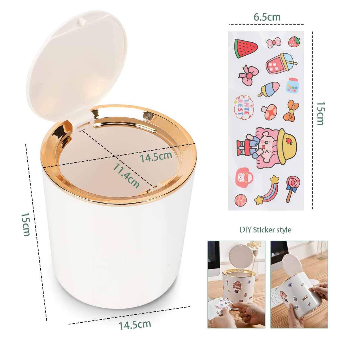 Desk Bin with Lid, Mini Table Trash Can,15 * 14.5cm Portable Small Dustbin for Bathroom Living Room Kitchen Car Dressing Table Black