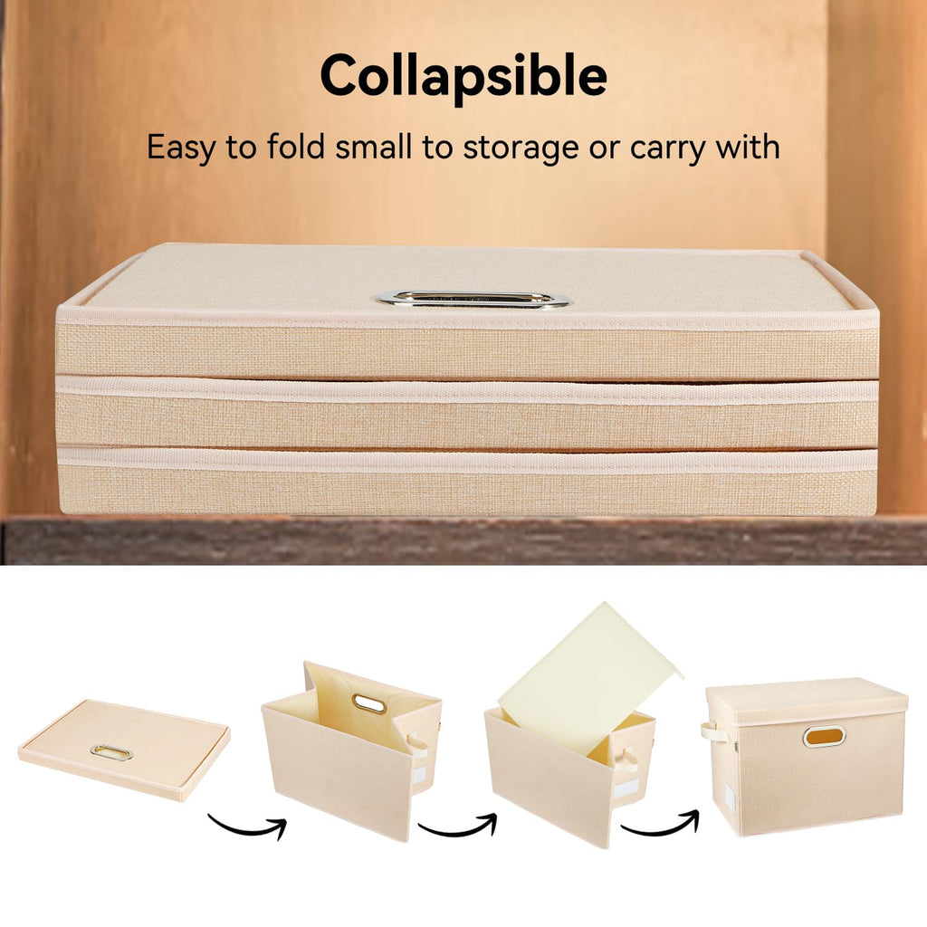 Voova 3-Pack Large Linen Fabric Storage Bins with Lids – Stackable Organizers