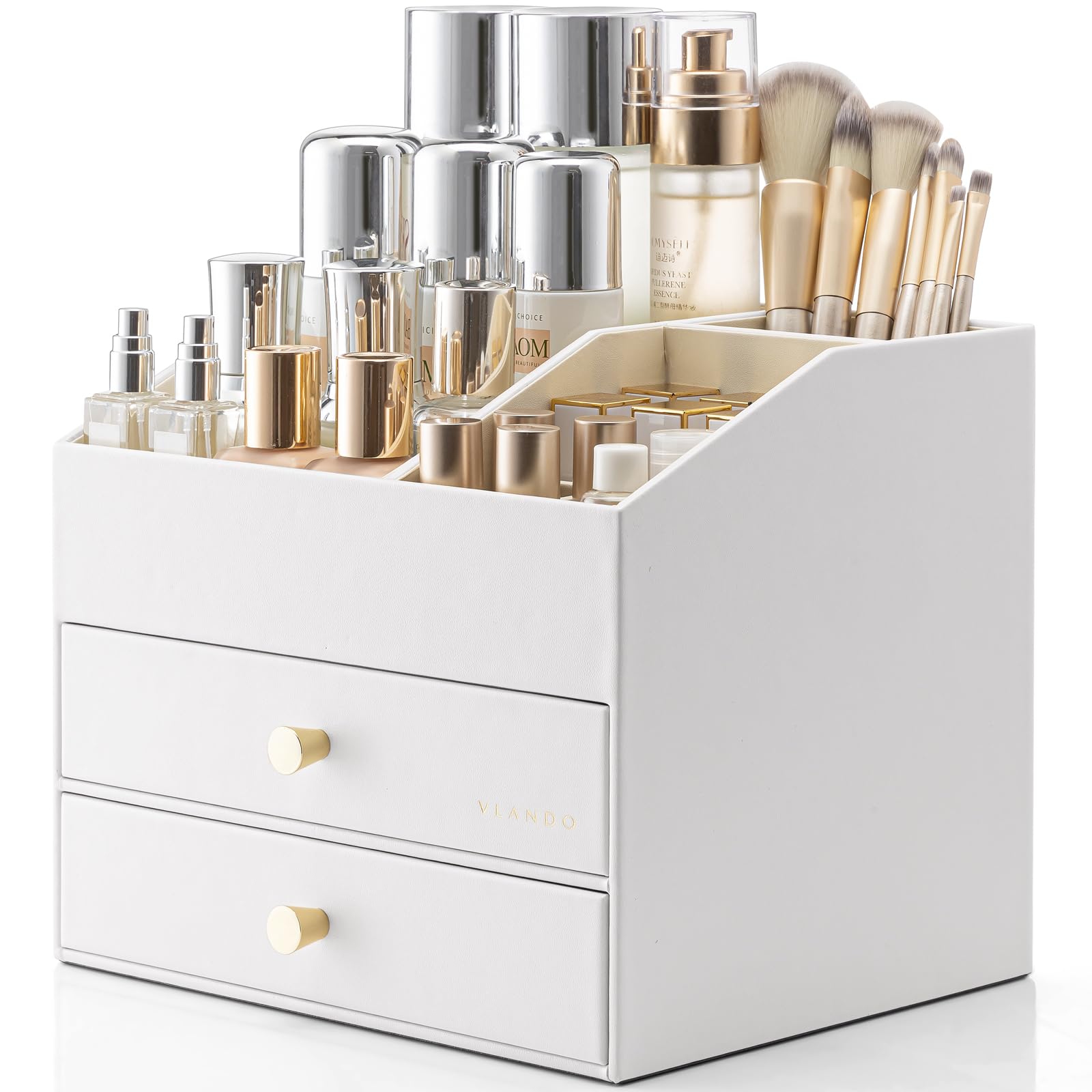 Vlando Makeup Organiser – 2 Drawer Vanity Storage for Skincare, White