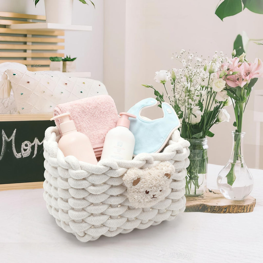Woven Cotton Wicker Storage Basket with Bear Motif, White - Bathroom Organizer for Desk, Makeup Table, Cabinets, Bath, Kitchen White